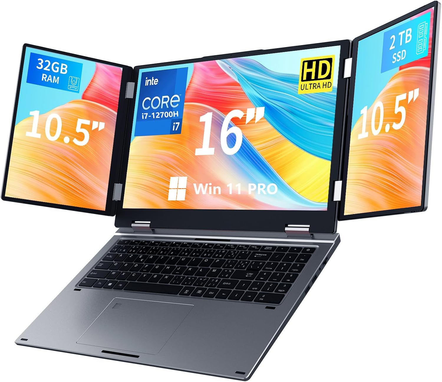 KOOFORWAY Triple Screen Laptop, 16' Main + Dual 10.5' Monitors, Core i7-12700H, 32GB RAM, 2TB SSD, Win 11 Pro, Wi-Fi 5, BT 5.0, Face & Fingerprint Unlock, USB-C, HDMI