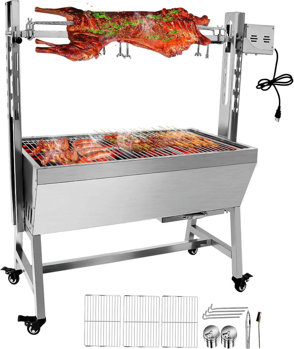 Stainless Steel Rotisserie Grill without Back Cover Guard, 132Lbs Capacity 25W Motor Small Pig Lamb Rotisserie Roaster, 37 Inch BBQ Charcoal Rotisserie Grill for Camping Outdoor