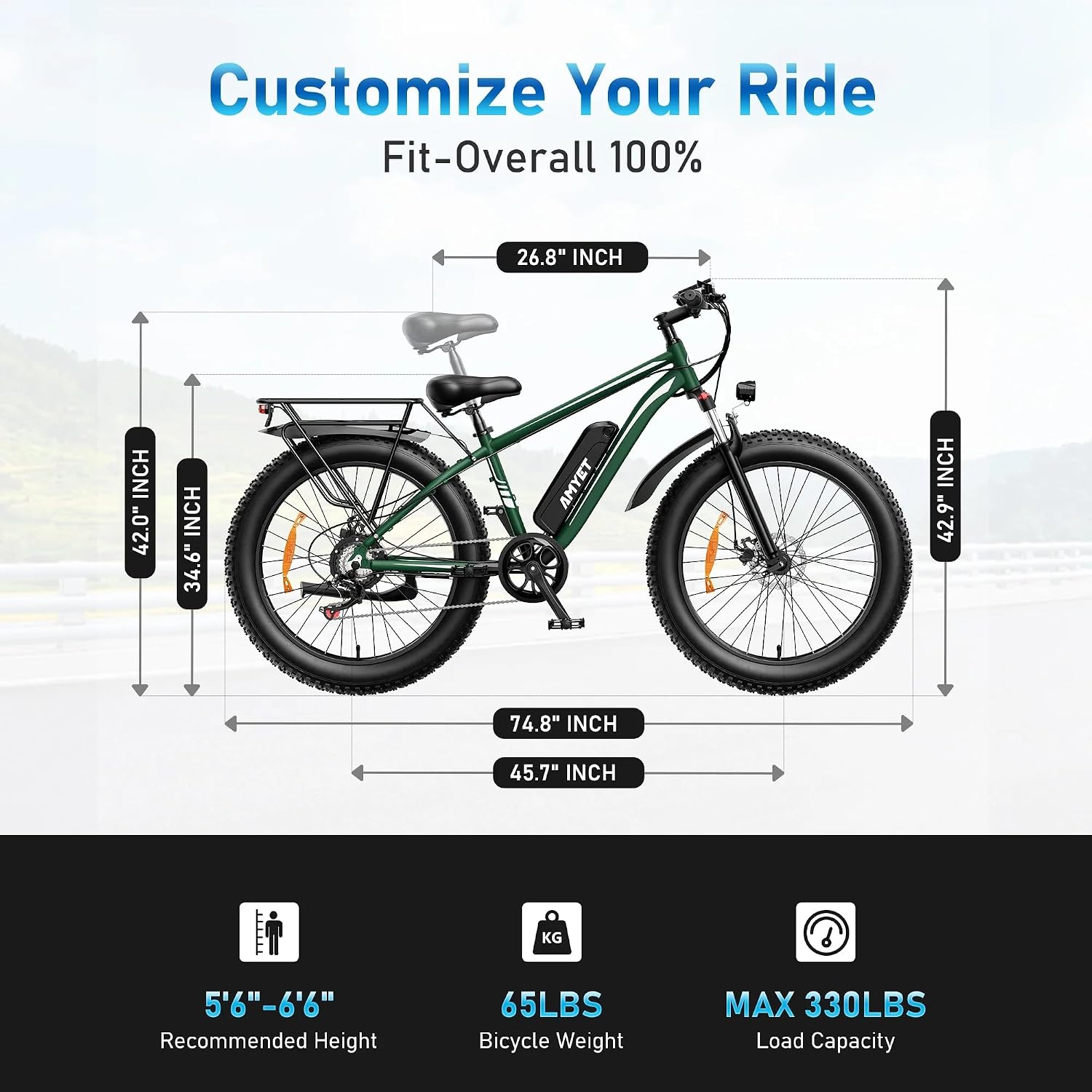 AMYET EB26 Electric Bike for Adults Peak 1500W Electric Bicycle 48V 15AH (720WH) Battery Electric Bike 26' Fat Tire Mountain 28mph 7 Speed Gears Ebike with UL 2849 Certified