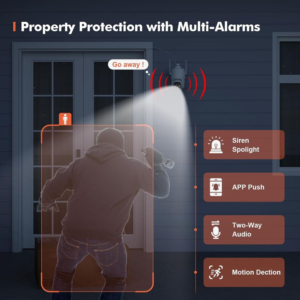 Dzees 360° PTZ Security Cameras Wireless Outdoor WiFi, 2K Battery Powered Home Security Camera Indoor, Spotlight & Siren, Color Night Vision, 2-Way Talk, AI Motion Detection, IP66 2-Pack