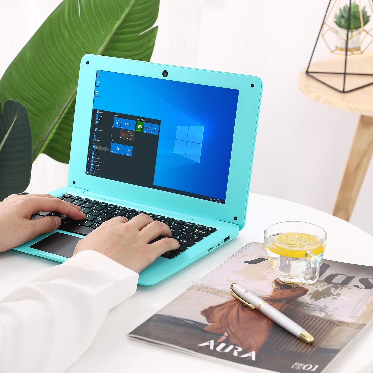 Windows 10 Computer Laptop Mini 10 Inch 32GB Ultra Thin and Light Netbook Quad Core CPU PC HDMI WiFi USB YouTube (Blue)