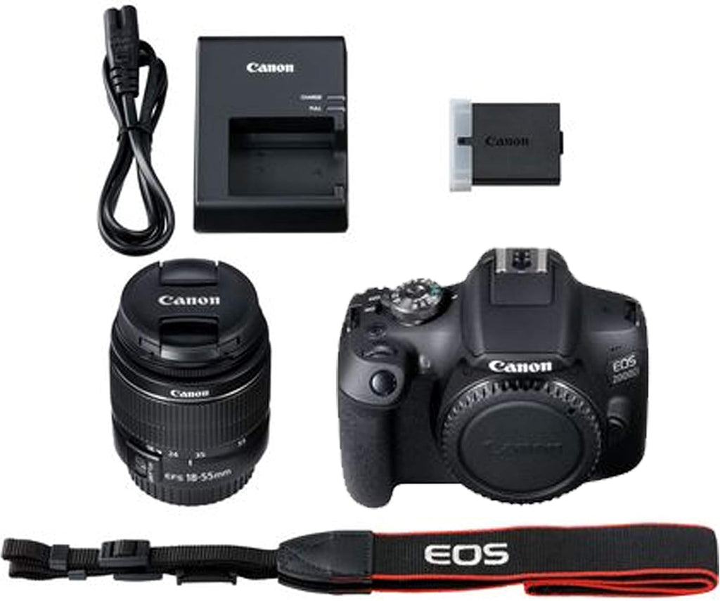 Canon EOS 2000D / Rebel T7 DSLR Camera w/EF-S 18-55mm F/3.5-5.6 Zoom Lens + 64GB Memory, LED Video Light, Case, Gripster Tripod, and More (Essential Bundle) (Renewed)