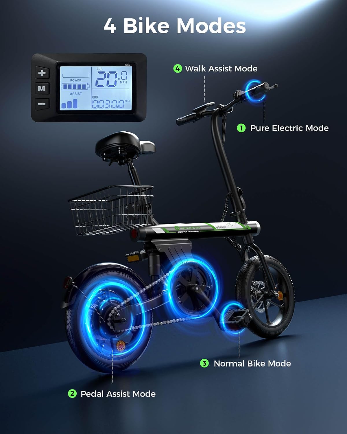 isinwheel Electric Bike for Adult 500W Motor, 20 MPH Folding Ebike, 16' Adult Electric Bicycles with Smart Uphill, 10.4Ah Battery, E Bikes for Adults and Teens