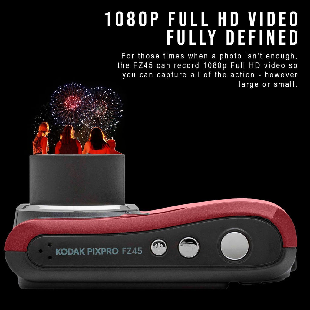 Kodak PIXPRO FZ45 Digital Camera (Red) Bundle with 32GB Class 10 UHS-I U1 SDHC Memory Card and AA High-Performance Alkaline Batteries (4-Pack) (3 Items)
