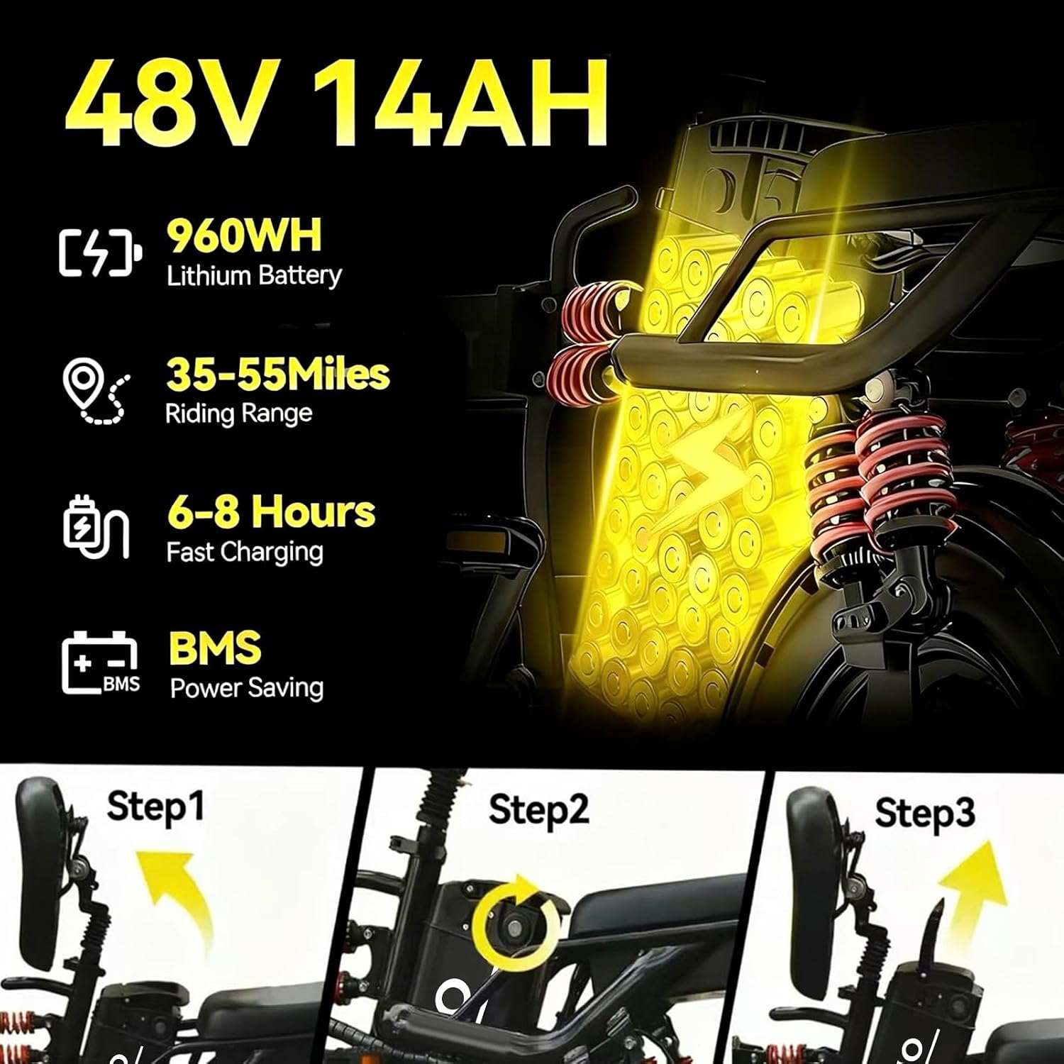 DDC SPORT Folding Electric Bike, Peak 800W Motor 25MPH,48V 14Ah Removable Battery 55Miles Ebike,14'' Lightweight Adults Electric Bicycles for Men/Women/Teens,Mini E-Bike,Full Suspension