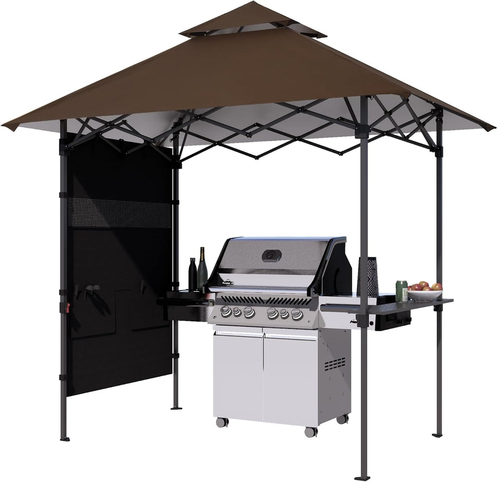 ABCCANOPY 8x5 Pop Up Grill Gazebo - Outdoor BBQ Canopy with Shelf & Sidewall, Portable Barbeque Shelter with 2 Magnetic LED Lights, Carry Bag for Patio Garden Events Picnic Grilling, Brown