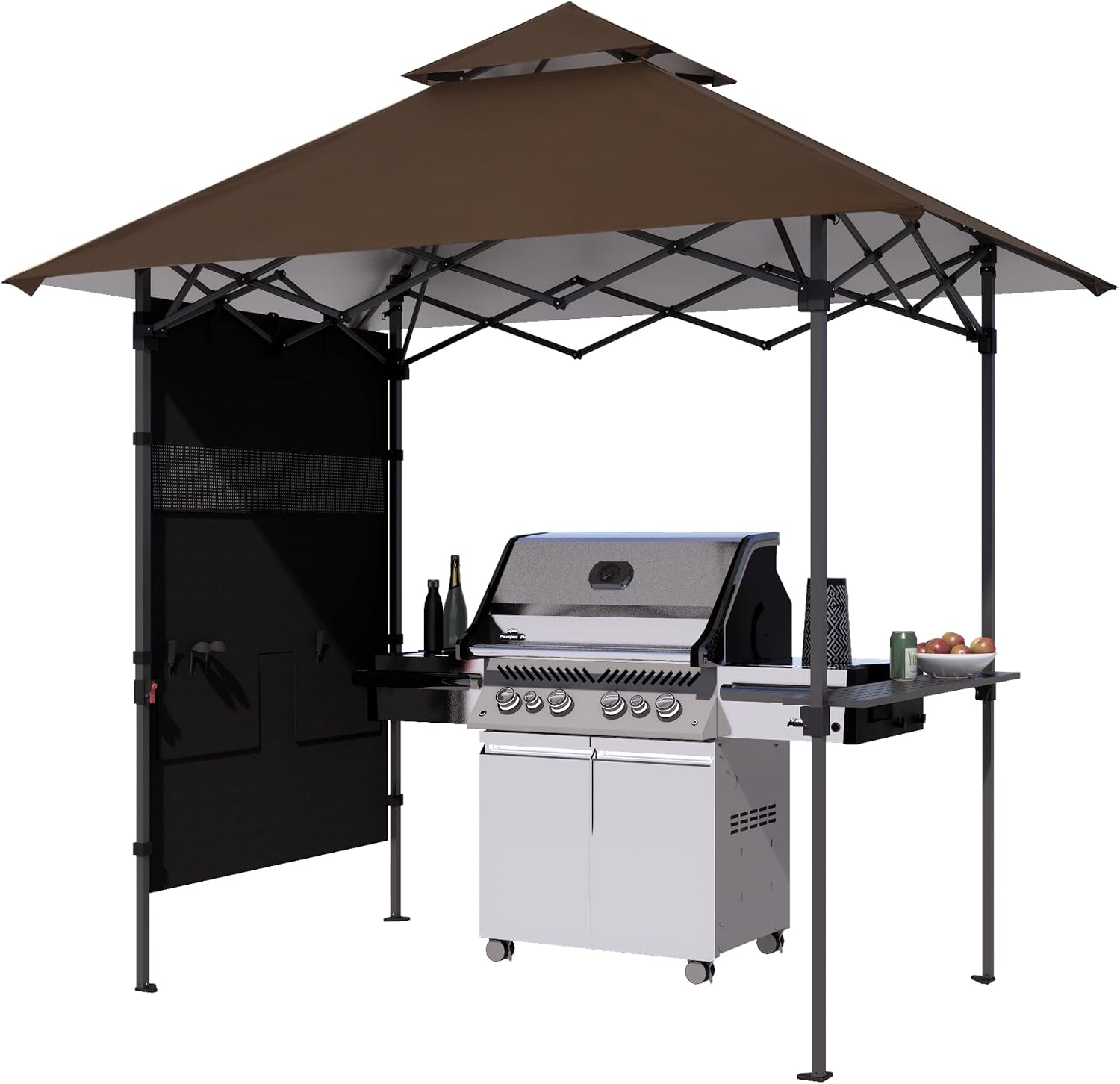 ABCCANOPY 8x5 Pop Up Grill Gazebo - Outdoor BBQ Canopy with Shelf & Sidewall, Portable Barbeque Shelter with 2 Magnetic LED Lights, Carry Bag for Patio Garden Events Picnic Grilling, Brown