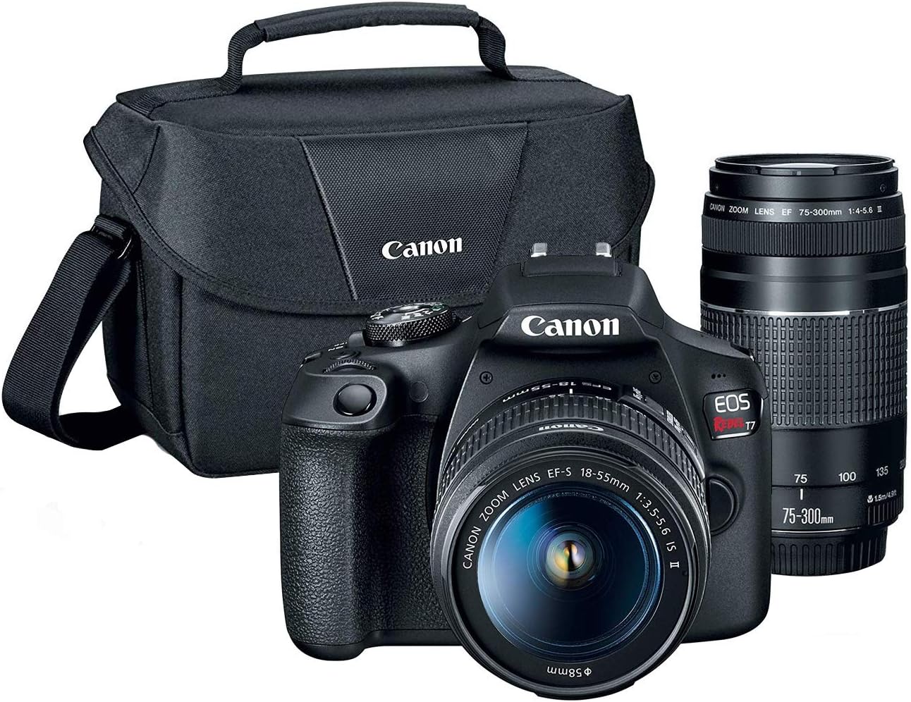 Canon T7 EOS Rebel DSLR Camera with EF-S 18-55mm f/3.5-5.6 is II and EF 75-300mm f/4-5.6 III Lens and Two (2) 32GB SDHC Memory Cards Plus Double Battery Accessory Bundle