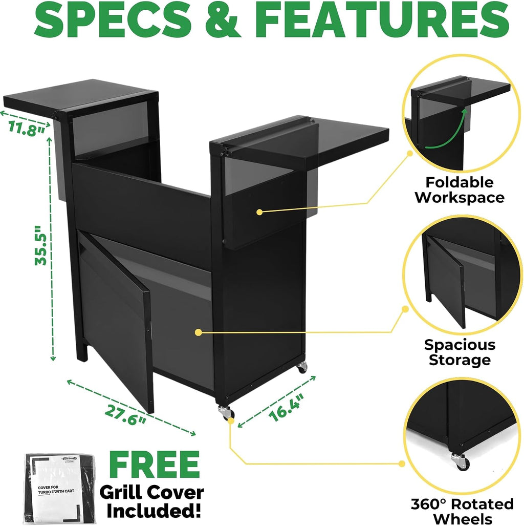 Turbo E Exclusive Grill Cart with Wheels - Spacious Side Shelves, Integrated Storage & Sleek Black Finish to Match Turbo E Outdoor Grills Seamlessly (Includes Weather-Resistant Grill Cover)