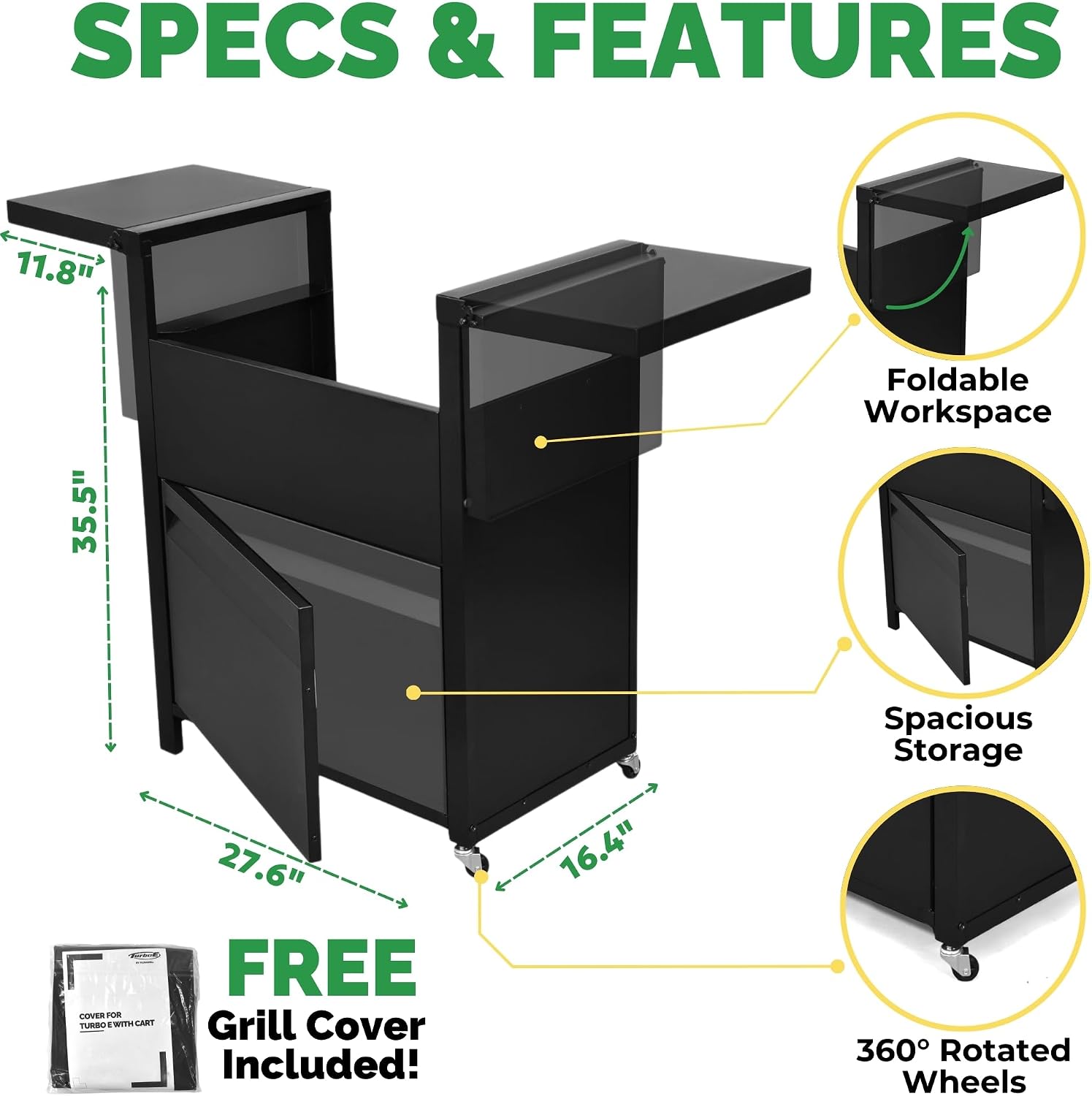 Turbo E Exclusive Grill Cart with Wheels - Spacious Side Shelves, Integrated Storage & Sleek Black Finish to Match Turbo E Outdoor Grills Seamlessly (Includes Weather-Resistant Grill Cover)