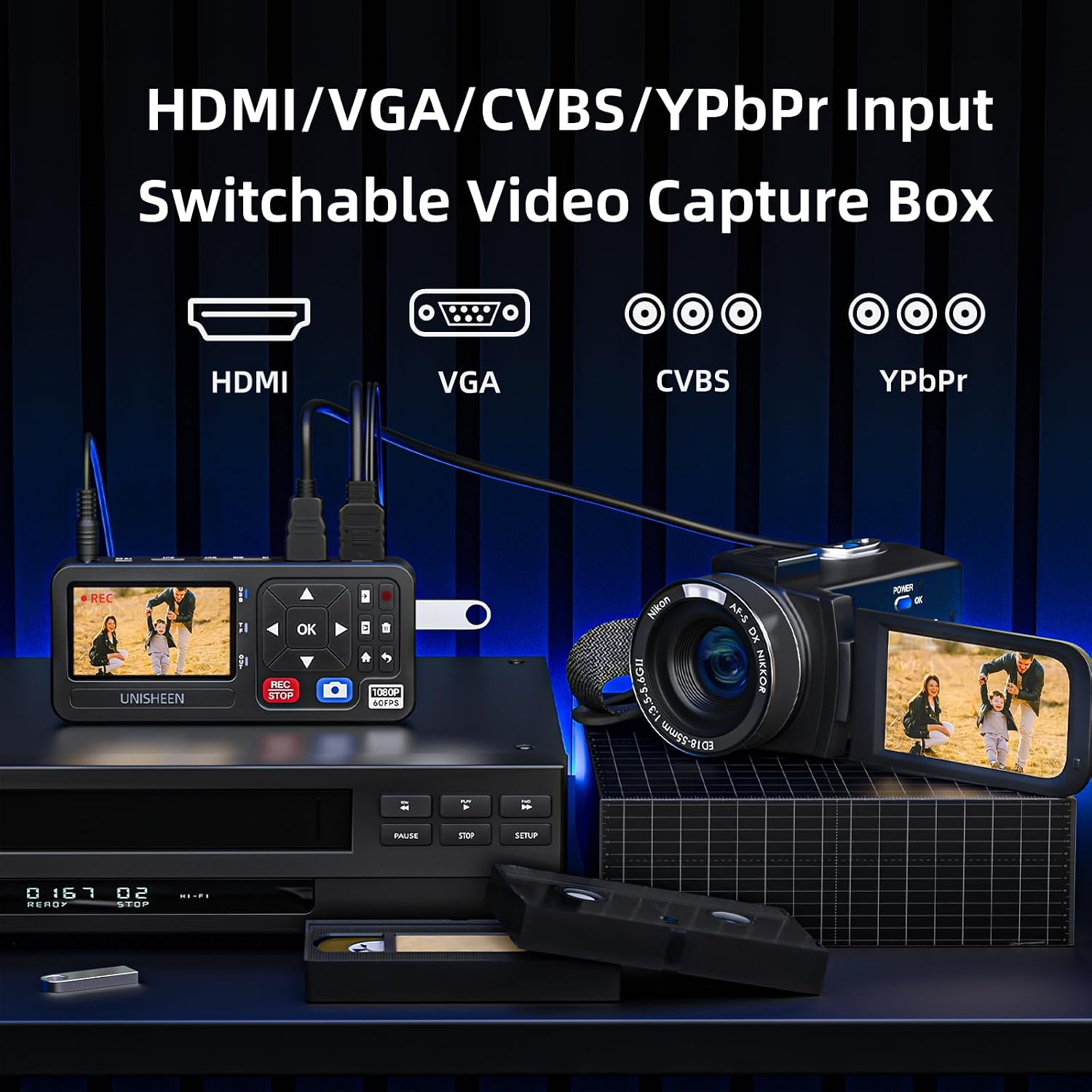 4K Capture Box-1080P 60FPS Video to Digital Converter 4K HDMI/CVBS/VGA/YPBPR Inputs Video Recorder Capture from VCR, DVD, VHS Tapes, Hi8, Camcorders, Gaming Systems