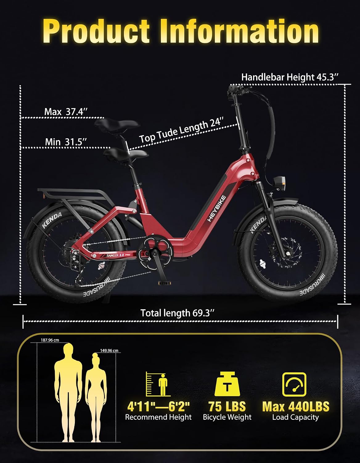 Heybike Ranger 20'x4.0' Fat Tire Folding Electric Bike for Adults, 1200W/1800W Peak Motor, 28/32MPH, up to 55/90 Miles Range, UL2849 Certified Removable Battery for Commute Beach Mountain Snow E Bike