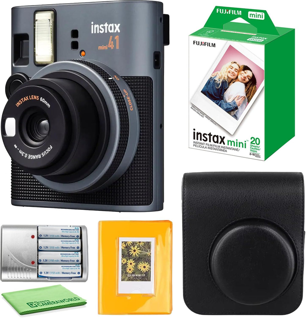 FujiFilm Instax Mini 41 Instant Camera Bundle with Fuji Instax-Instant-mini Film Value Pack (20 Sheets) + Photo Album – 64 Pockets + Protective Case Black