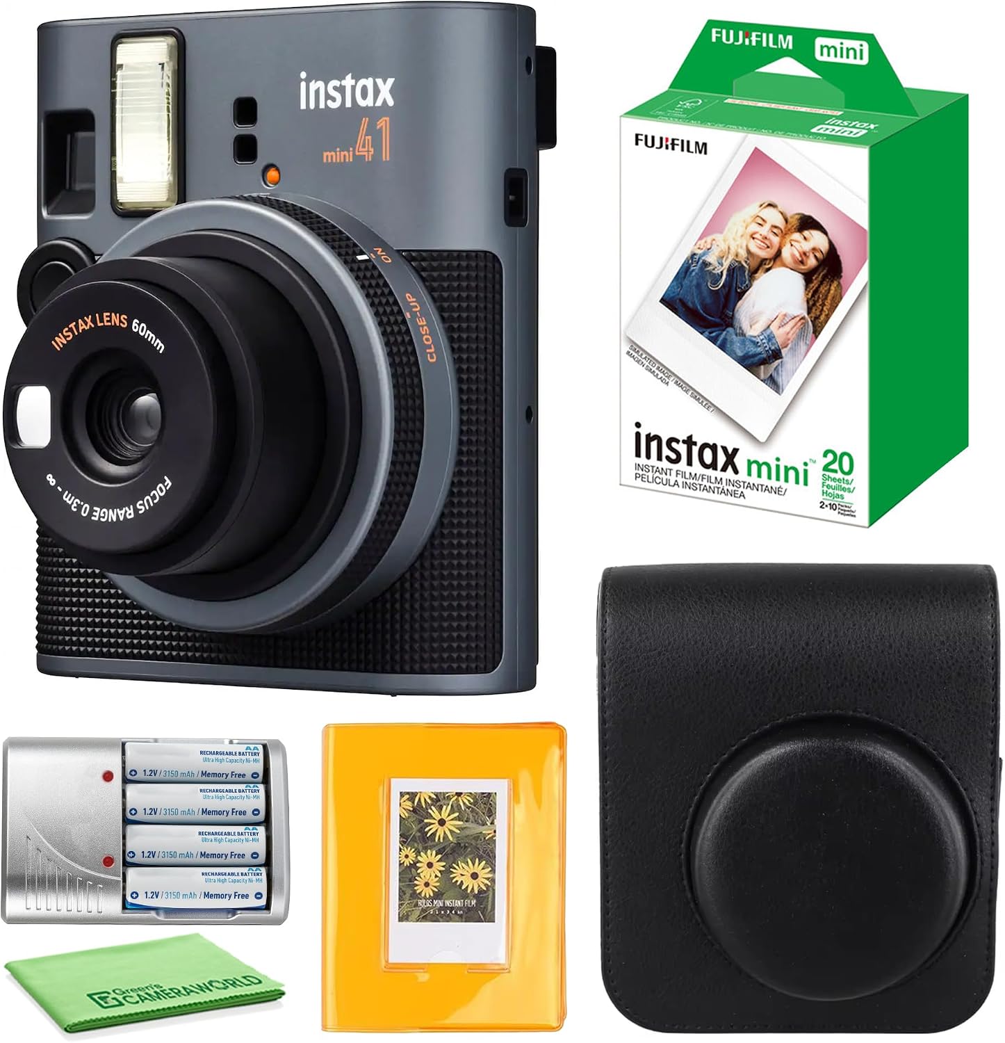 FujiFilm Instax Mini 41 Instant Camera Bundle with Fuji Instax-Instant-mini Film Value Pack (20 Sheets) + Photo Album – 64 Pockets + Protective Case Black