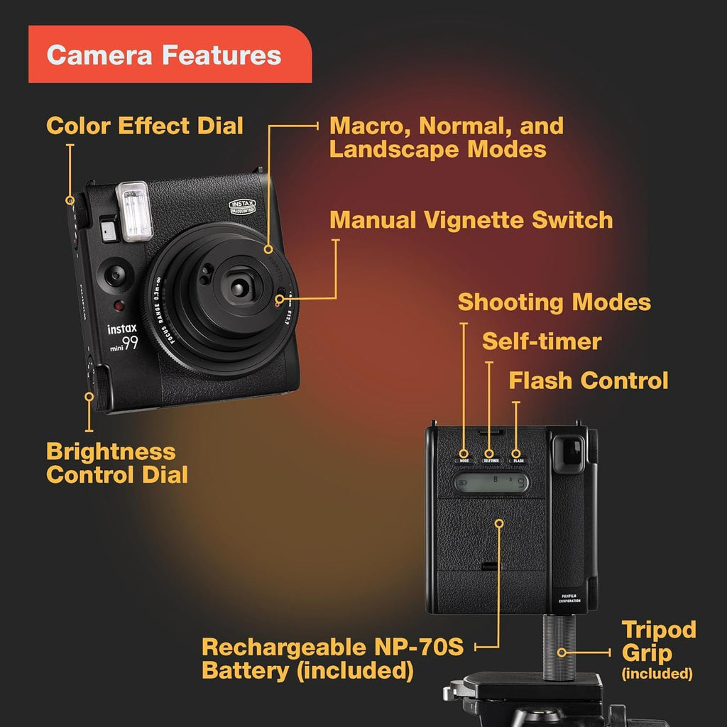 Fujifilm Instax Mini 99 Instant Camera Vintage Black. + Value Pack (40 Sheets) Shutter Accessories Bundle, Includes Style Compatible Carrying Case, Black Photo Album 64 Pockets