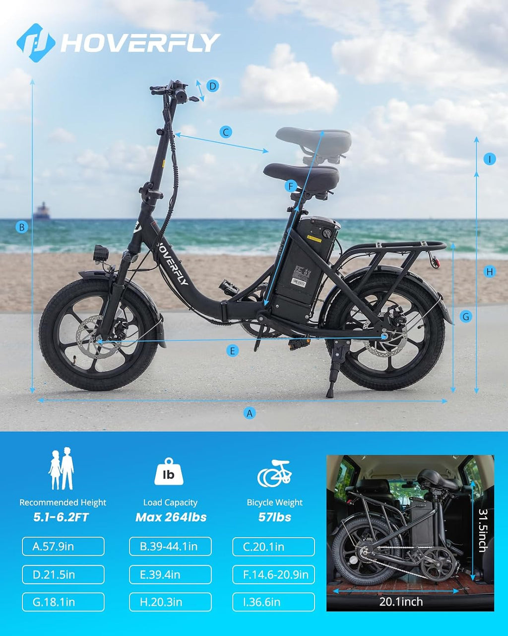 HOVERFLY H3 16' Electric Bike, Max 28Miles Range(Pedal-Assist) Folding E-Bike with Removable Battery, Front Suspension and Commuter Electric Bicycle Adults
