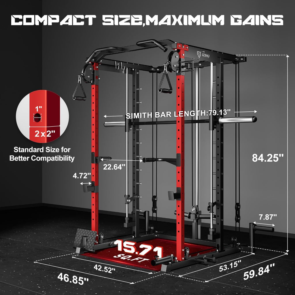 S1-V4 Smith Machine, 2000LBS Power Cage with Cable Crossover System, All-in-One Squat Rack with Smith Bar, Strength Training Equipment for Hone Gym