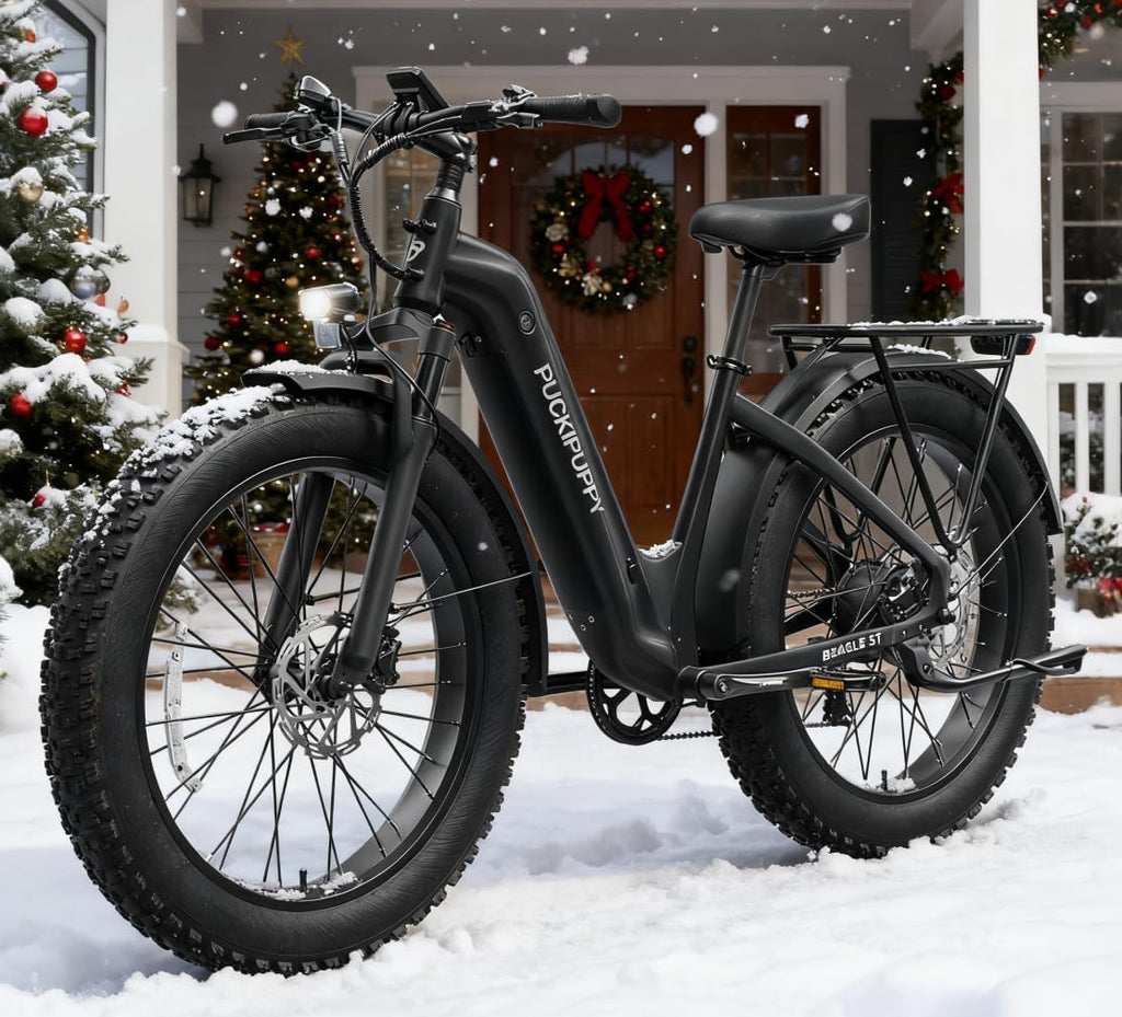 PUCKIPUPPY Electric Bike for Adults 960W, 26' Fat Tire, Step-Through Design Electric Mountain Hunting Bike, 48V 15AH Max 28MPH Off-Road Ebike with Rear Storage Shelf
