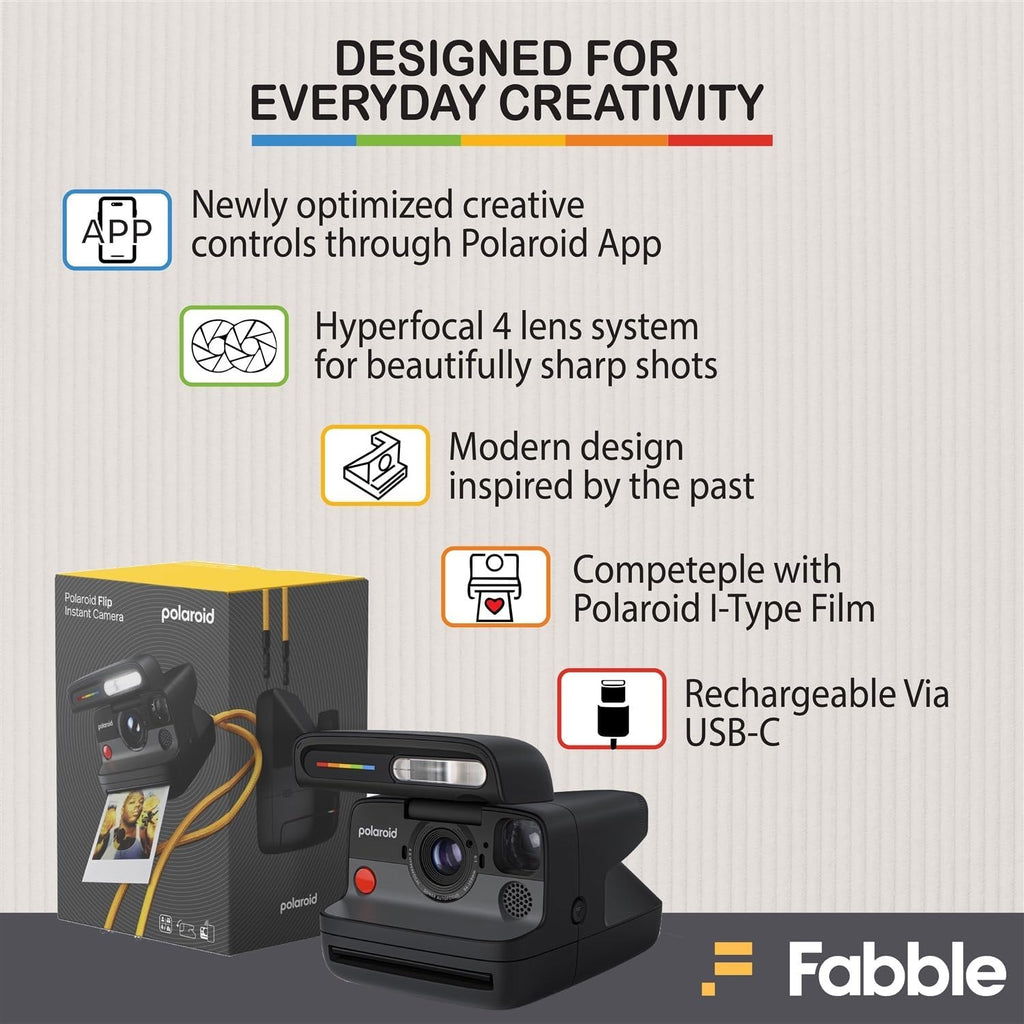 Polaroid Flip Instant Camera Black Bundle with Color i-Type Film (8 Photos), Hard Protective Case, 6ft USB Type-C Cable, and Grey Microfiber Cleaning Cloth