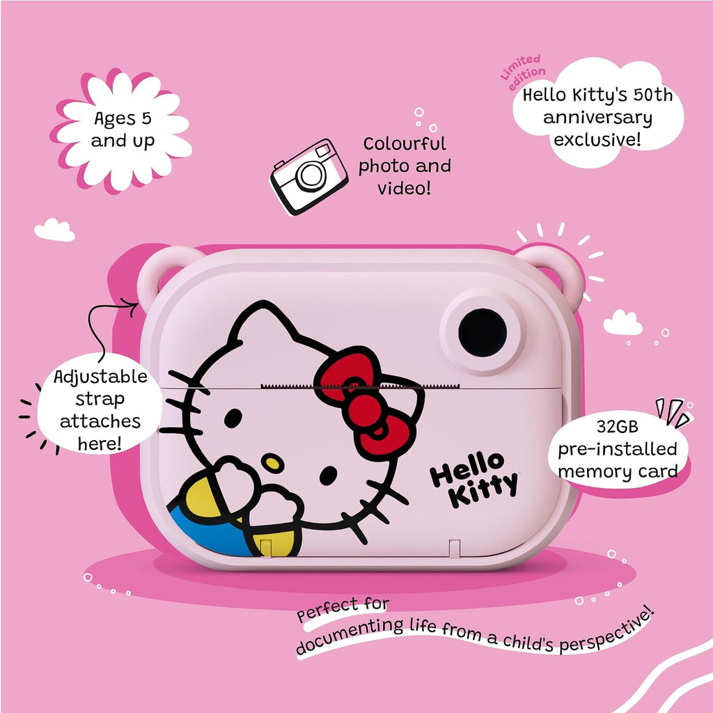 kiimento Sanrio Licensed Instant Print Digital Camera, Best Travel Buddy Hello Kitty, 2.4' HD Screen, Ink-Free B&W Printing, Selfie Lens, 1080p Video, 32GB Memory Card (Model P)