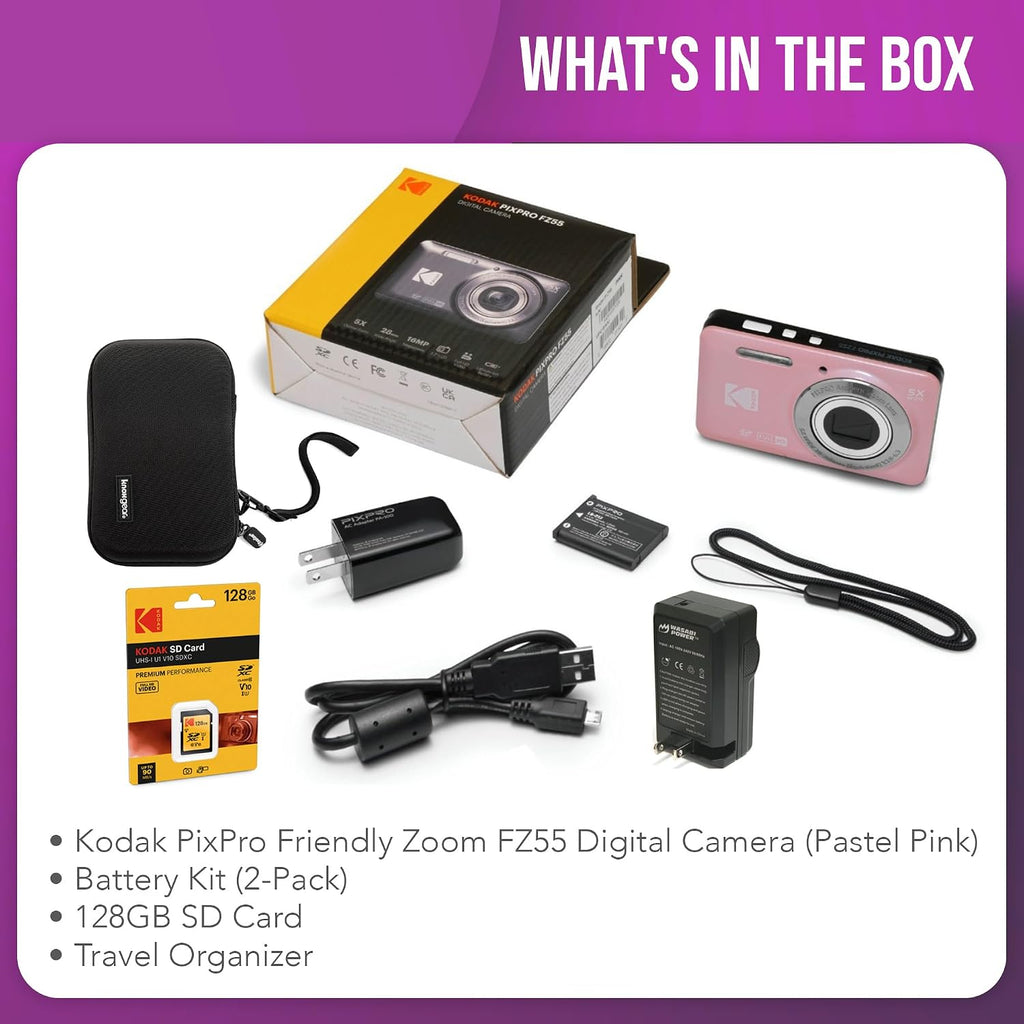 Kodak PixPro Friendly Zoom FZ55 16MP 1080p Full HD Digital Camera (Pastel Pink) Bundle with 128GB SD Card, Battery (2-Pack) and Travel Organizer (4 Items)