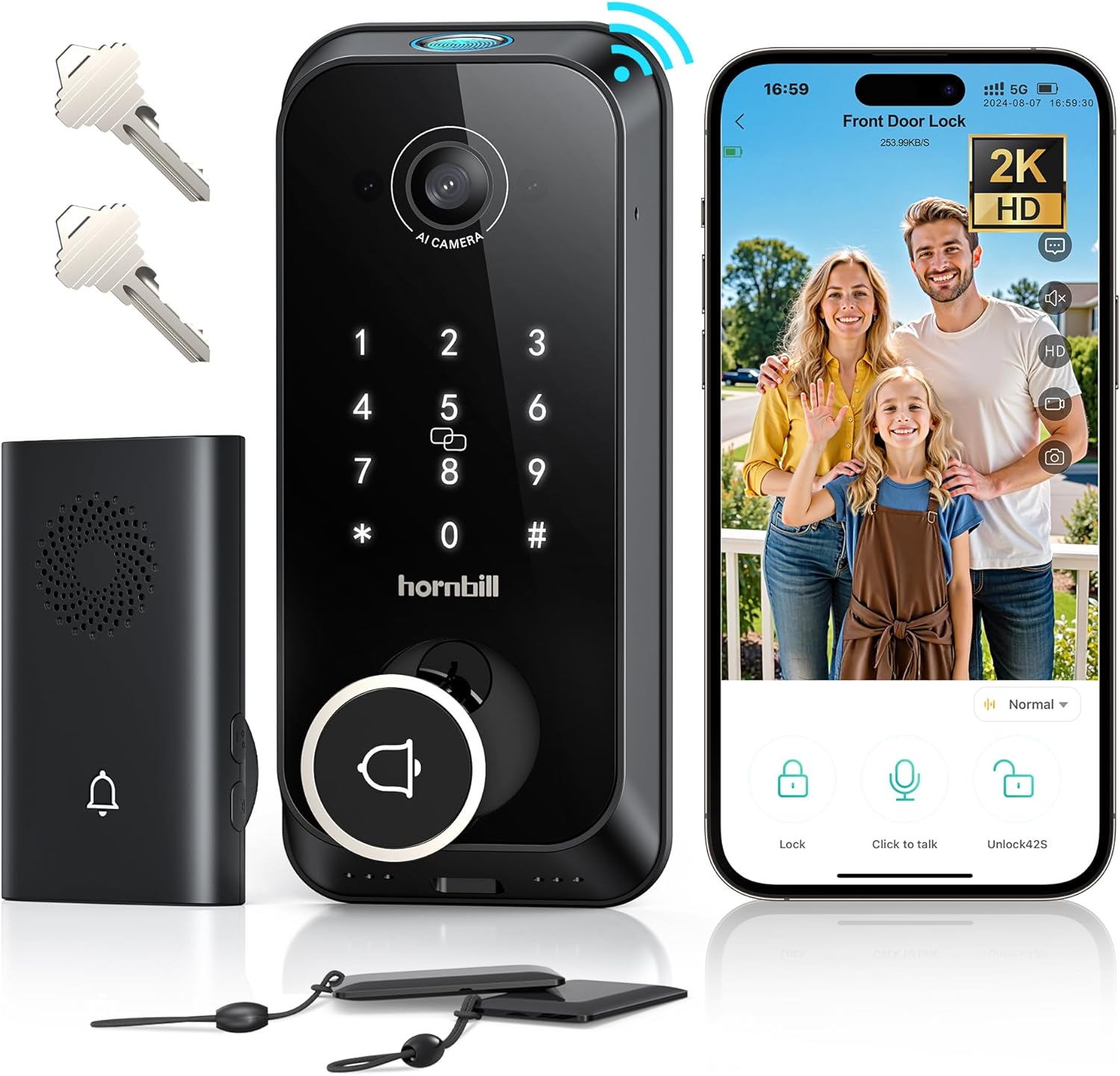 Video Smart Lock with Camera: 4-in-1 Ring+2K Camera+Doorbell+Fingerprint Hornbill Keyless Entry Door Lock, Built-in WiFi Deadbolt(only 2.4G), Two-Way Audio/App Remote Control/PIR, No Monthly Fee
