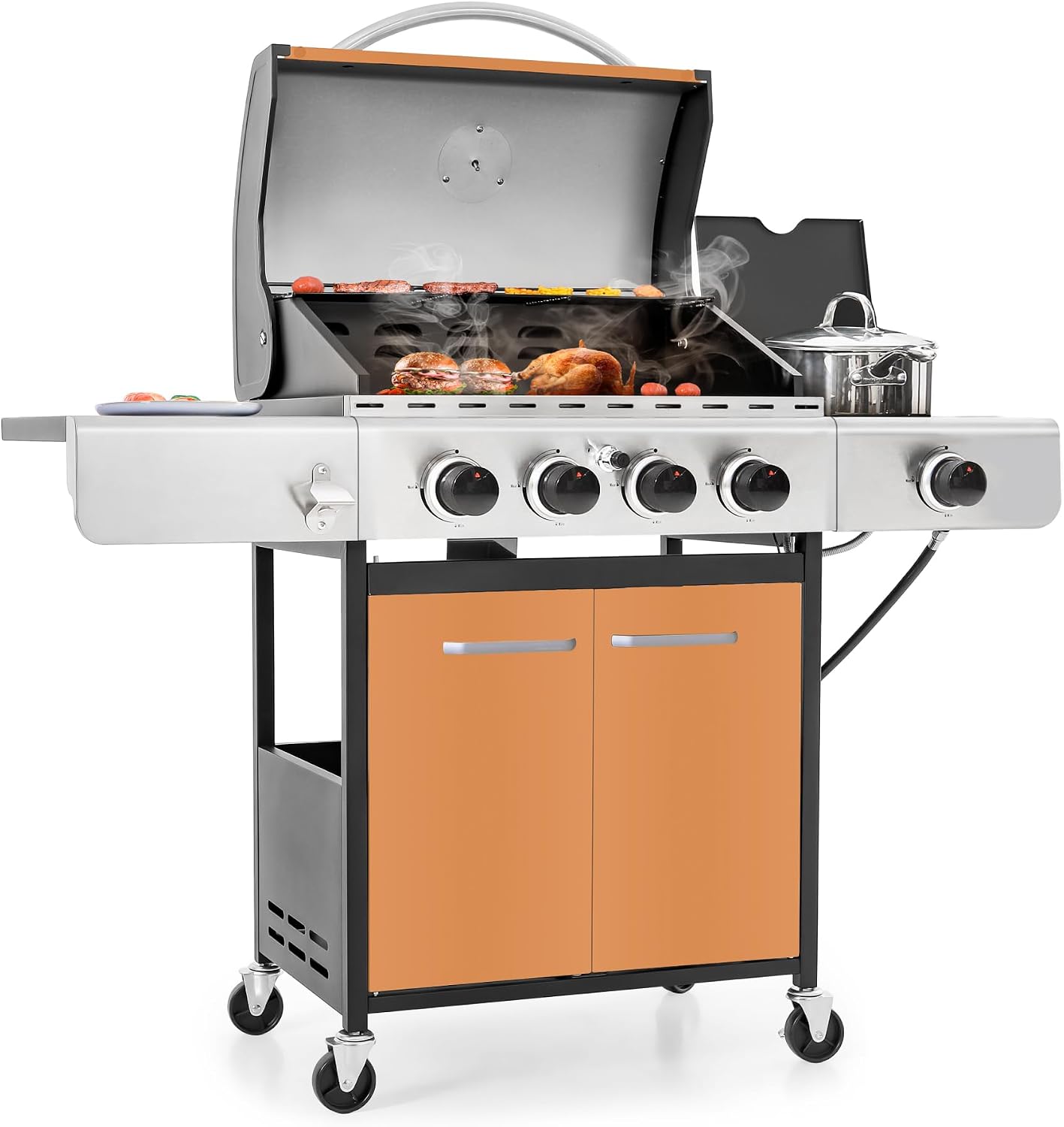 MFSTUDIO 4-Burner Propane Gas Grill, Stainless Steel BBQ Grill with Side Burner and Porcelain-Enameled Cast Iron Grates, High Output Gas BBQ Grills for Barbeque and Outdoor Cooking, Gold