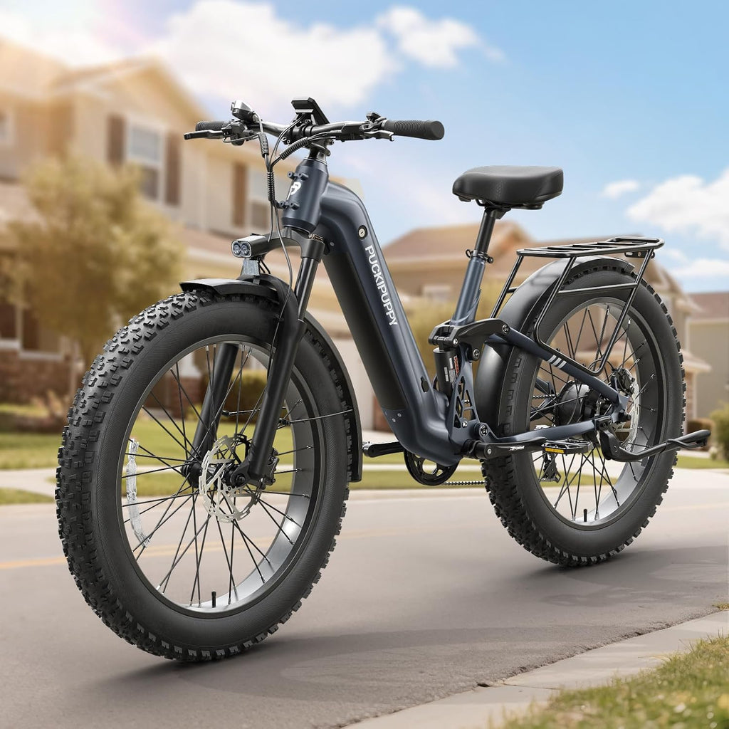 PUCKIPUPPY Electric Bike for Adults 960W, 48V 20AH Battery Adult Electric Bicycles, 26' Fat Tire Full Suspension Step-Thru Ebike, 28MPH Mountain Ebike, 7 Speed, 80Miles Range