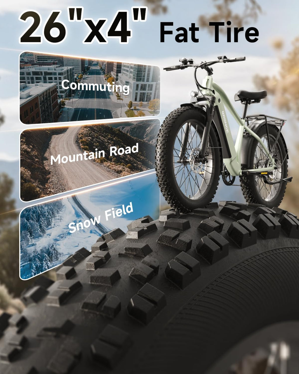 QRONGE Electric Bike for Adults 1800W Peak, Adult Electric Bicycles, 26' Fat Tire Ebike, 28MPH(PAS Mode) Electric Mountain E Bike, Up to 70 Miles, 7 Speed