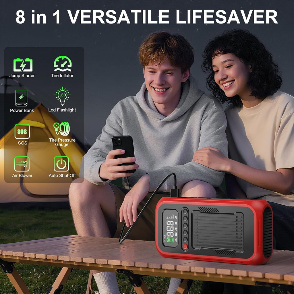 Tire Inflator Portable Air Compressor,12V Car Battery Jump Starter,5X Faster Air Pump For Car Tire with Digital Tire Pressure Gauge&LED Light&Auto Shut-Off,Cordless Pump for Car,Motor,Bicycle