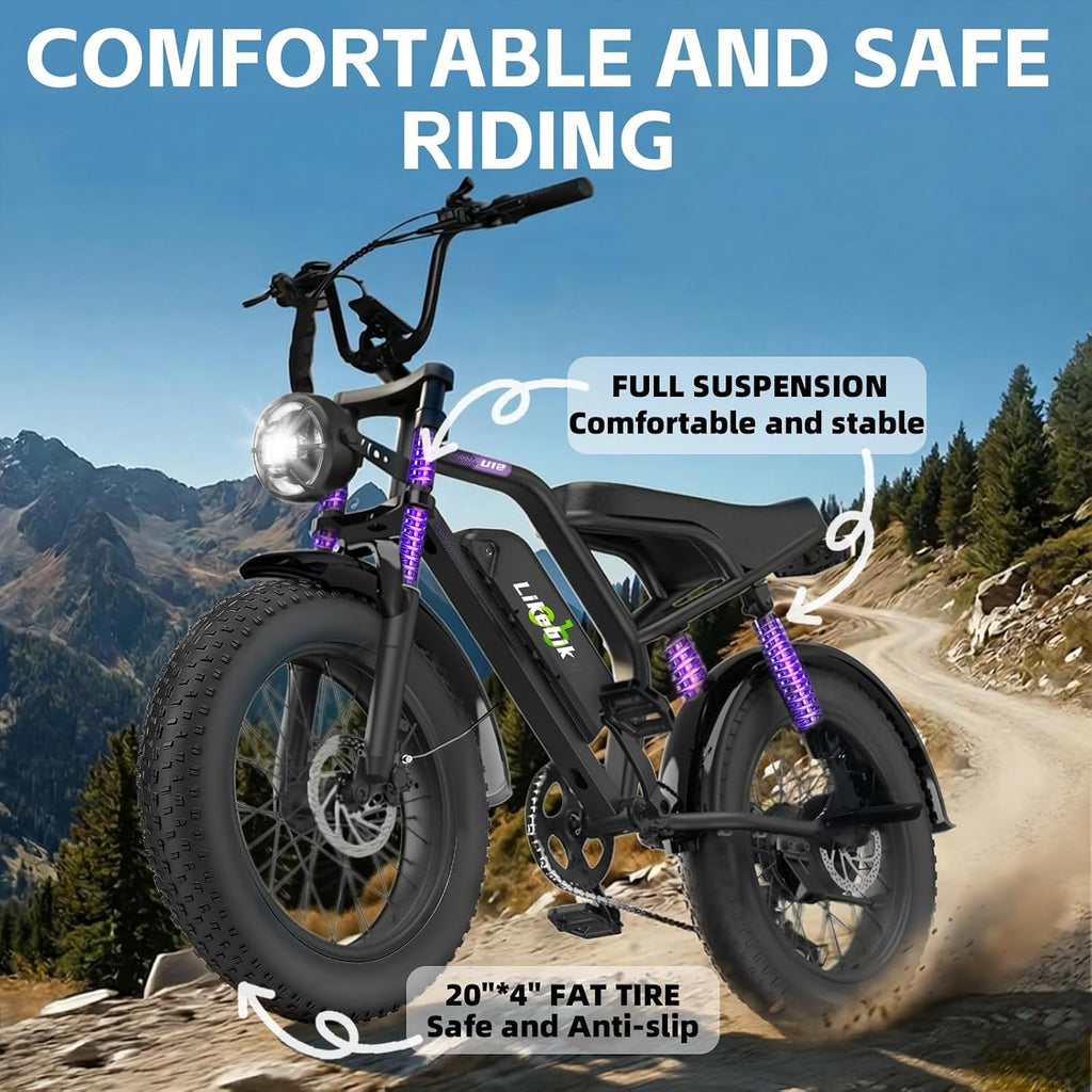 Likebike Electric Bike for Adults 1500W/2000W/3000W Peak,32/36/47MPH 20' Fat Tire Ebike, 48V 20AH/23AH/33Ah Removable Battery 7-Speed Full Suspension Mountain Bike Off Road Hydraulic Disc Brake