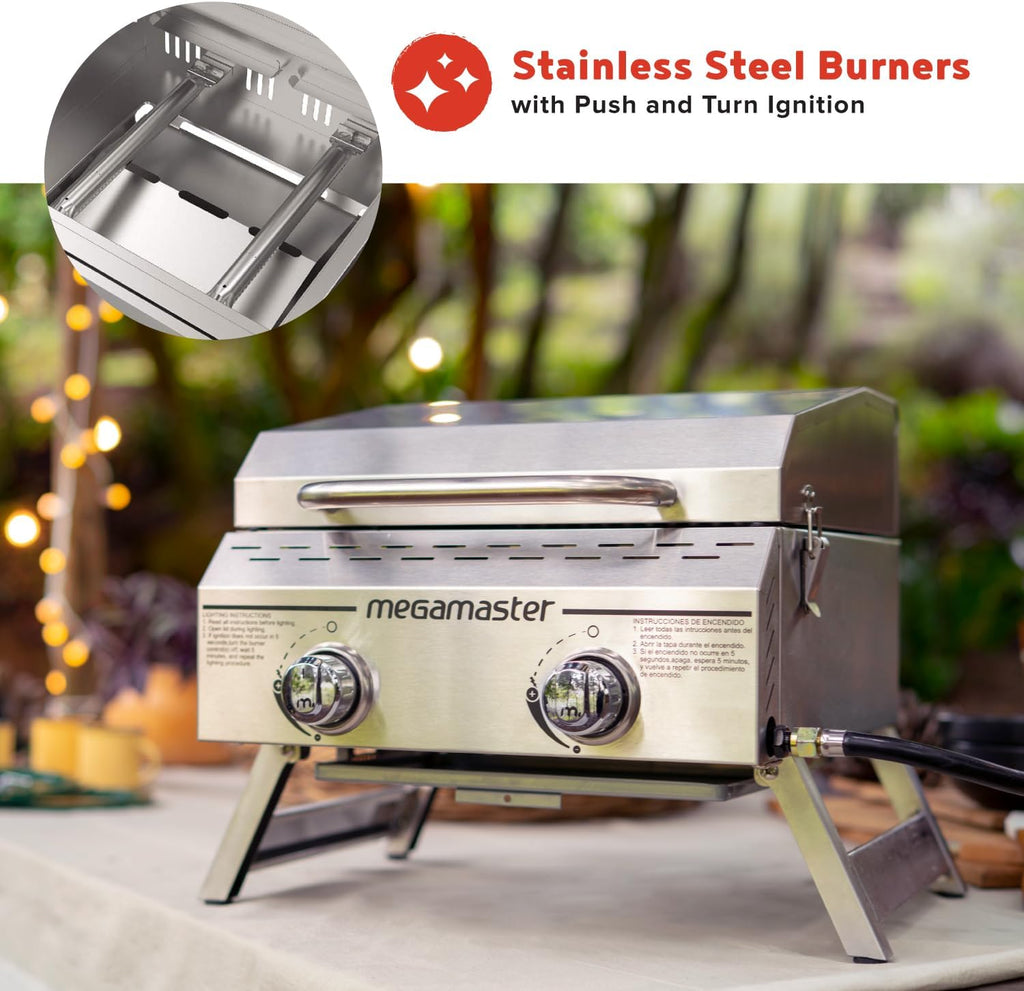 Megamaster 2-Burner Stainless Steel Portable Gas Grill with Built-In Lid, 16,000 BTUs, Foldable Legs, Small Propane Grill for Outdoor Cooking, Camping, Tailgating, Patios, and More - 820-0033M