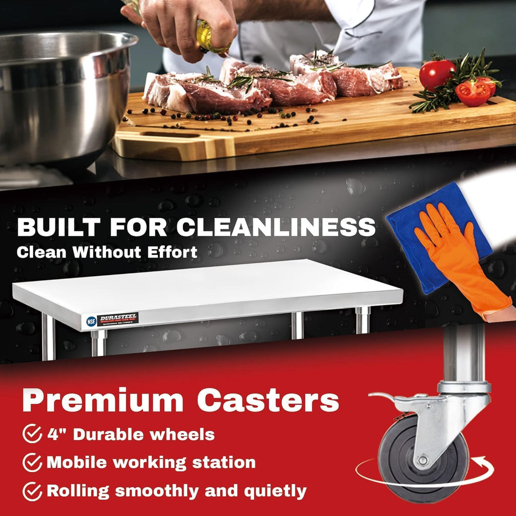 DuraSteel 24x12 NSF Stainless Steel Cart Work Table - Heavy Duty Rolling Food Prep Table - Metal Utility Cart on Wheels Caster, Grill Stand Microwave Outdoor Kitchen Tables Countertop Island Top Vevor