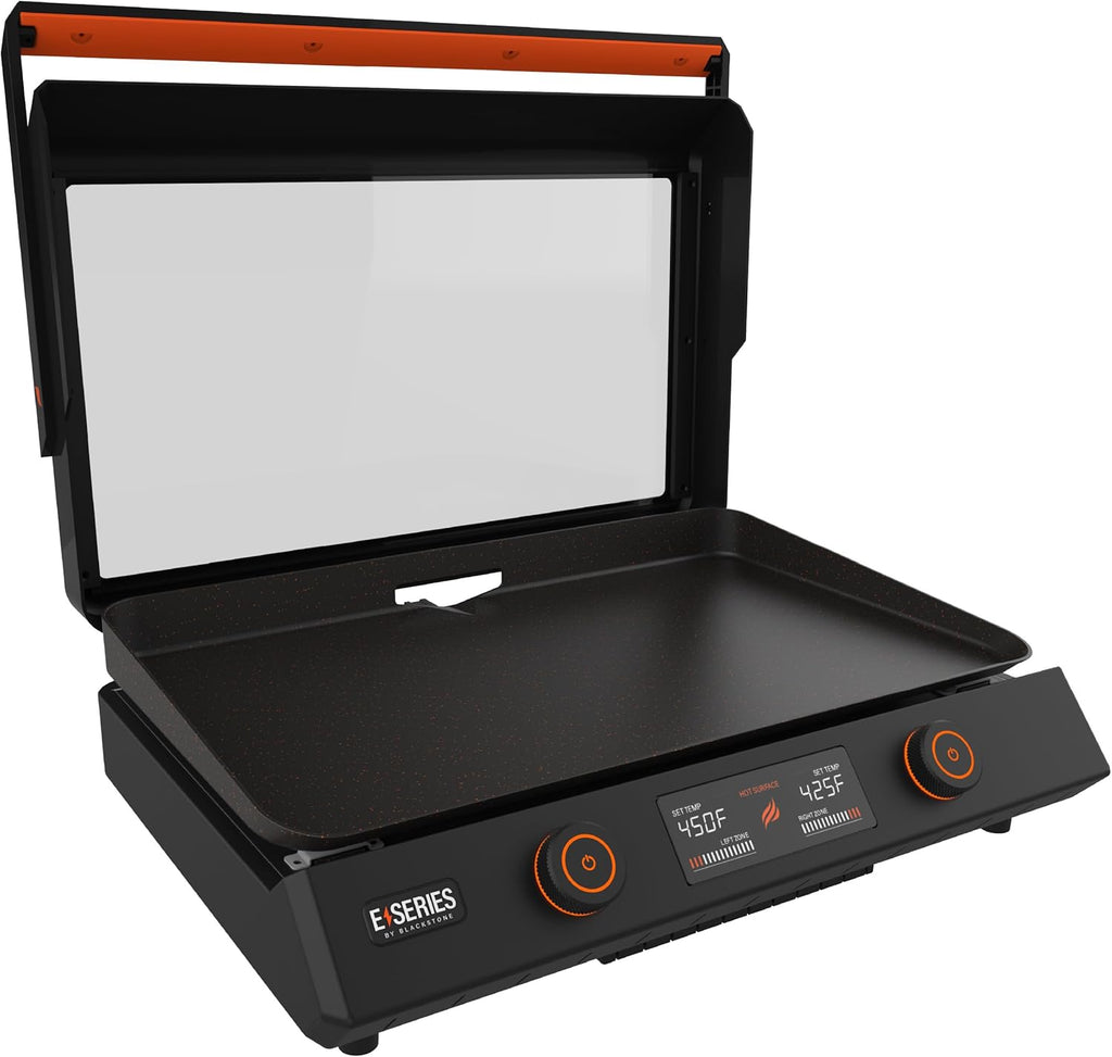 Blackstone 22-Inch Electric Griddle - 1600W Non Stick Ceramic Titanium Coated Stainless Steel Tabletop Griddle with EZ-Touch Control Dial, LCD Display, Patented Rotate & Remove Glass Hood - 8001