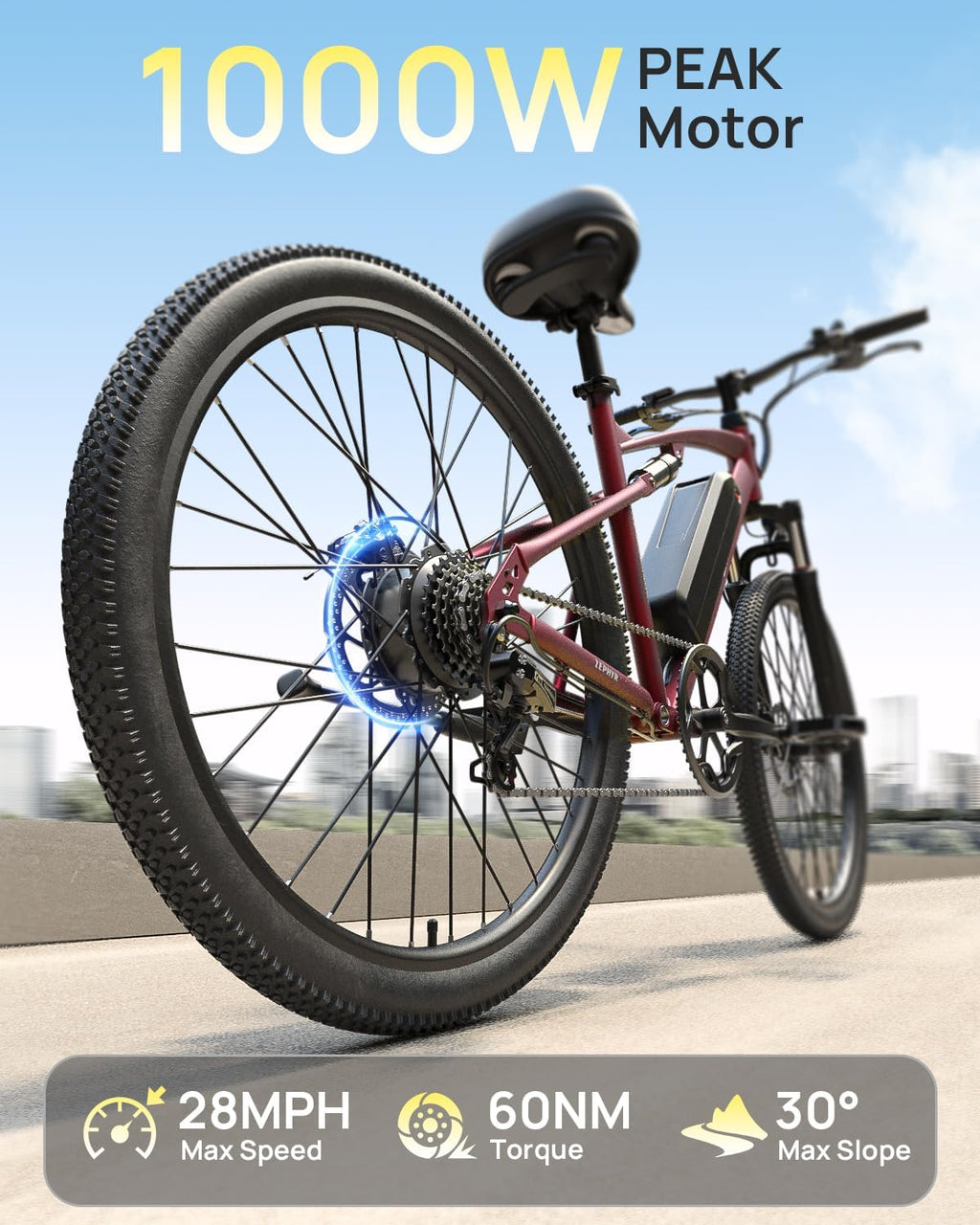 QRONGE Electric Bike for Adults, Full Suspension Ebike, 1000W Peak Motor 486Wh Battery, 28MPH(PAS Mode) Mountain Electric Bicycles, 7 Speed, 26'' Tire, Up to 70 Miles, Zephyr