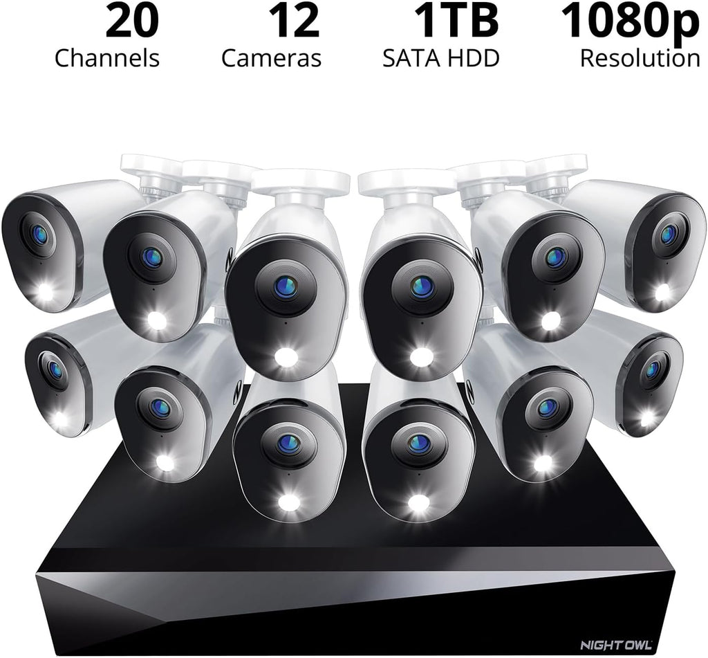 Night Owl 2-Way Audio 20 Channel DVR Video Home Security Camera System with (12) Wired 1080p HD Indoor/Outdoor Deterrence Cameras and 1TB Hard Drive (Add up to 4 Wi-Fi Cameras) (12 Camera)