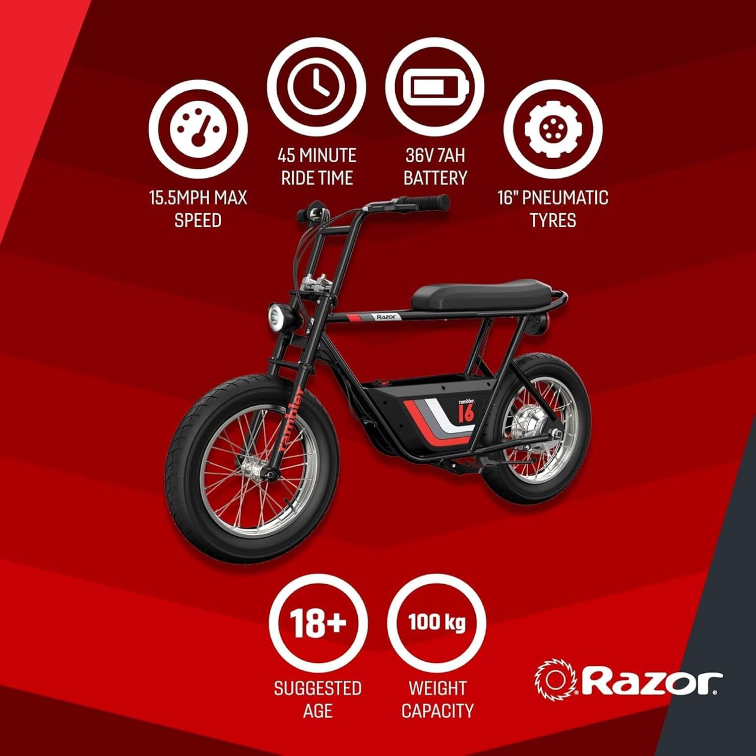 Razor Electric Bike for Ages 18+, 220 lb Max Weight, Black, w/ 350W Motor, 16' Tires & 36V Battery, Up to 15.5 MPH, Rambler 16 – Rechargeable Minibike for Teens and Adults