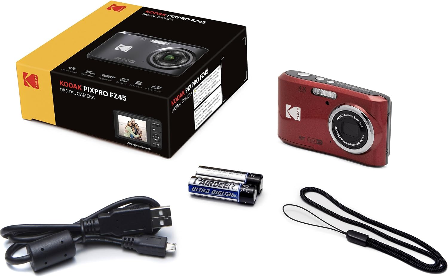 Kodak PIXPRO FZ45 16MP Digital Camera 4X Optical Zoom 27mm Wide Angle 1080P Full HD Video 2.7' LCD Camera (Red) + 64GB Card and Reader + Case + Memory Wallet + Tripod + Cleaning Bundle