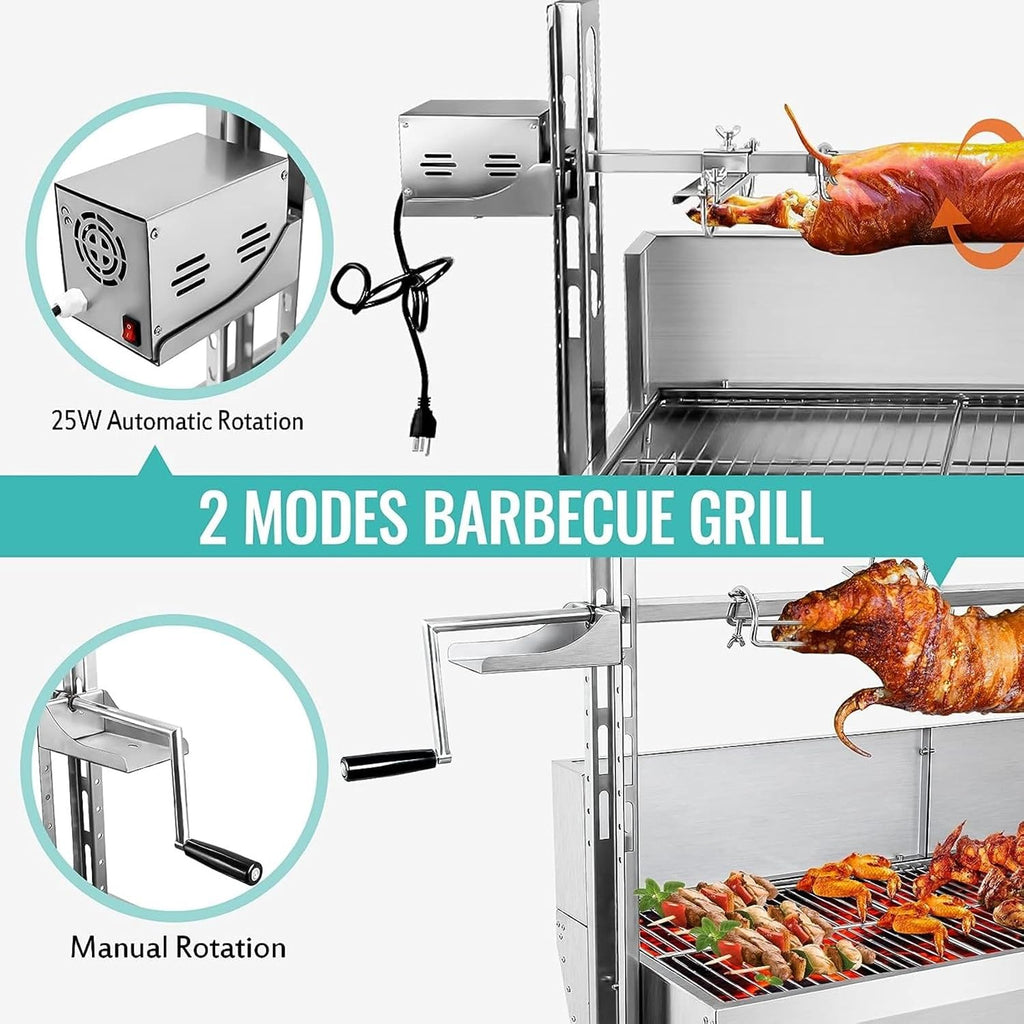 Stainless Steel Rotisserie Grill with Back Cover Guard, 176Lbs Capacity 25W Motor Small Pig Lamb Rotisserie Roaster, 48.7 Inch BBQ Charcoal Rotisserie Grill for Camping Outdoor
