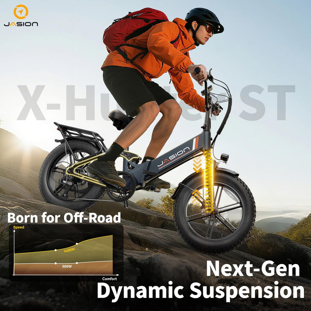 Jasion X-Hunter ST Foldable Electric Bike, 20' Fat Tire, 71Miles & 30+MPH Ebike, 1400W Peak Motor, 624WH Removable Battery, Full Suspension E-Bike for Adult, Step-Thru & Hydraulic Disc Brakes Bicycles
