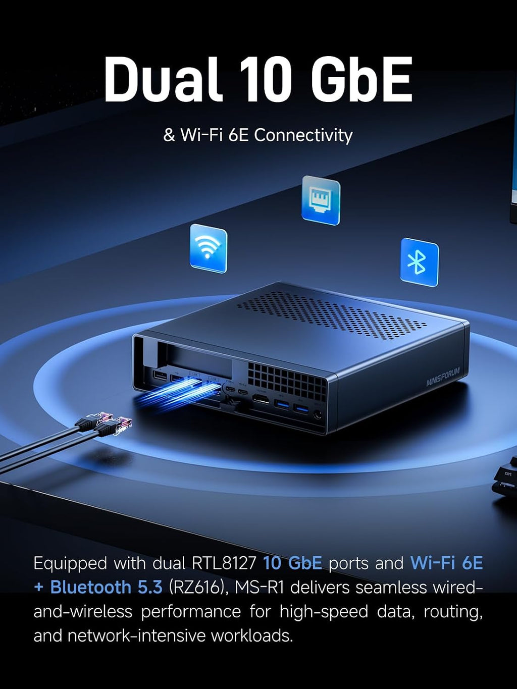 MINISFORUM MS-R1 ARM Mini Workstation with UEFI Boot CIX CP8180 (12C/12T, up to 2.6GHz), 45 TOPS, 64GB ECC LPDDR5 1TB SSD Mini PC, PCIe x16 Slot, 2x 10GbE LAN, HDMI/2xUSB-C Triple Display, VM & Docker