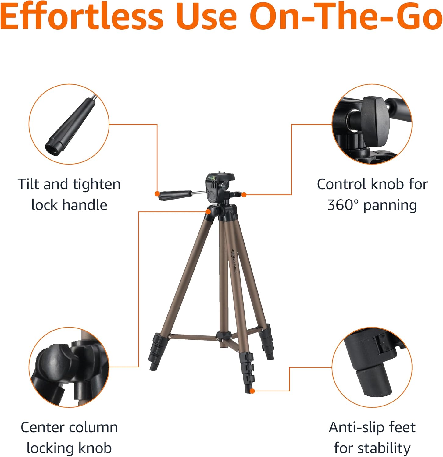Amazon Basics 50-inch Lightweight Portable Camera Tripod Stand with Quick-Release Plate,Adjustable Height,Aluminum,for Travel Photography,Champagne,(Pack of 10)