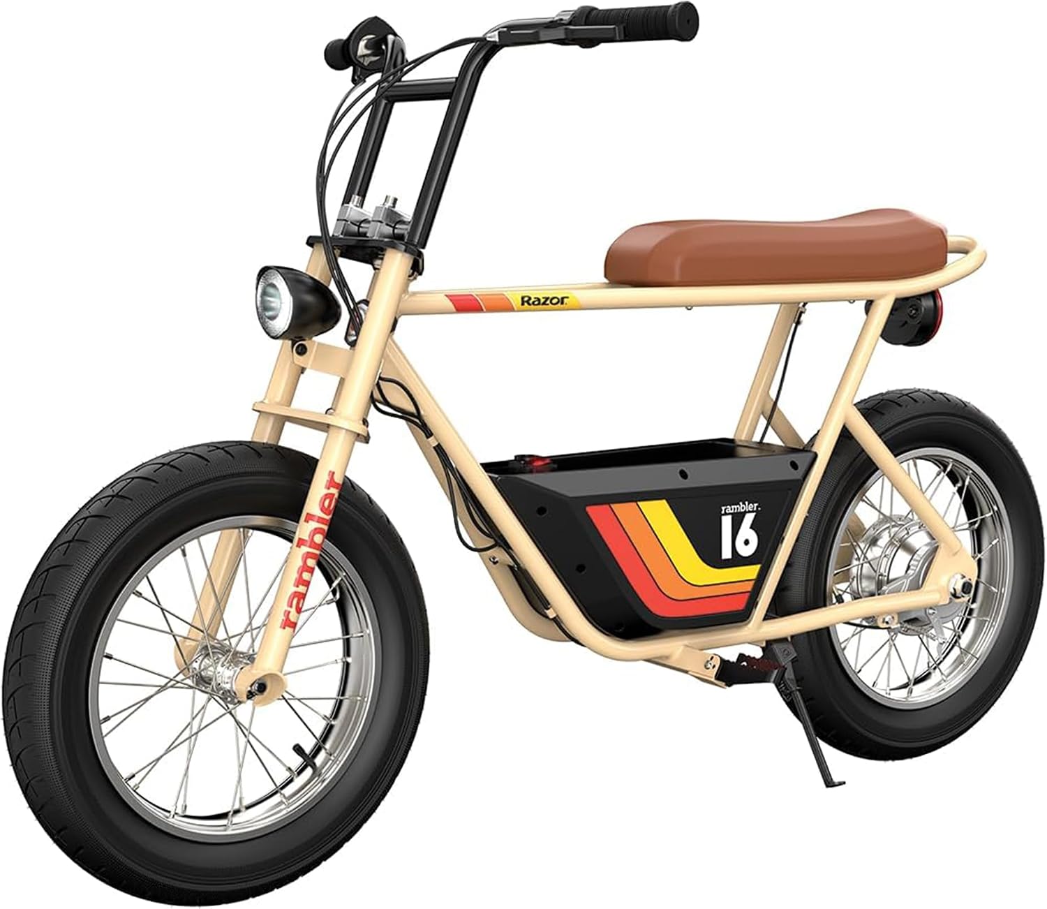 Razor Rambler 16 Electric Retro Mini Bike Ride for Teens Ages 18+, 220 lb Max Weight, Tan – 350W Motor, Up to 15.6 Mph, 45-Min Run Time, Twist-Grip Throttle, Spoked Wheels w/ 16' Pneumatic Tires
