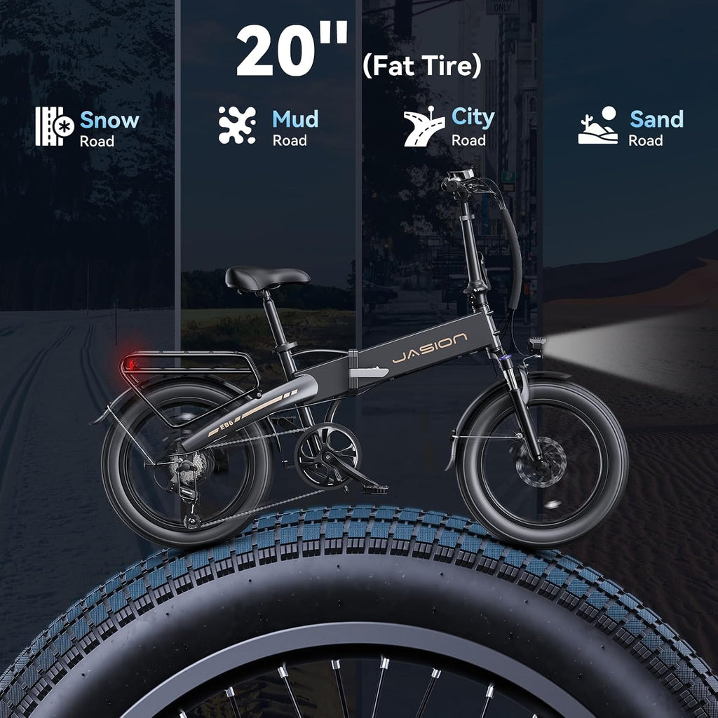 Jasion EB6 Foldable Electric Bike for Adults,【1200W Peak Motor, 25 MPH, 50 Miles Range】 20' Fat Tire Ebike with 48V Built-in Battery, Lightweight Aluminum Frame E Bike for Commuting, Off-Road, Travel