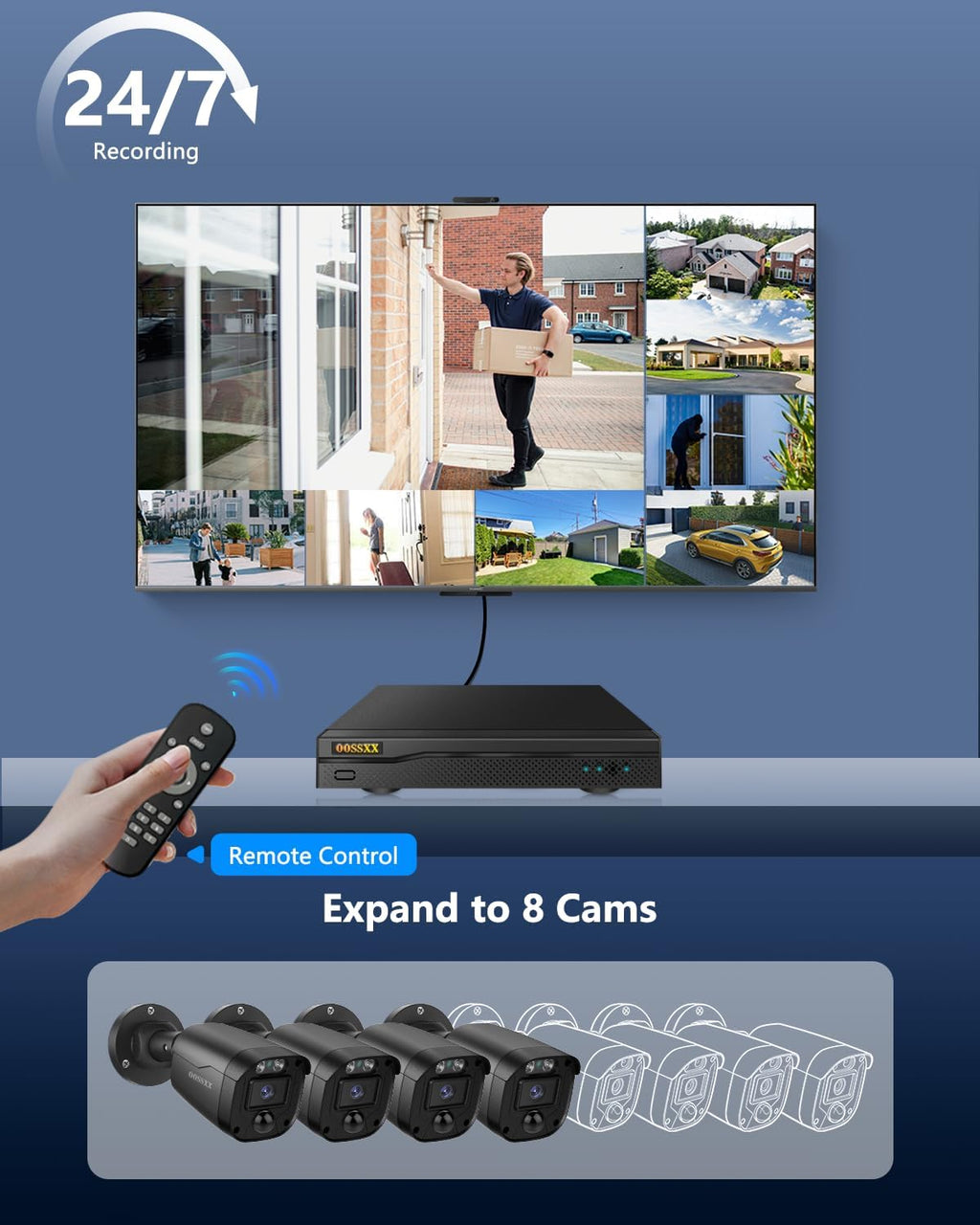 OOSSXX 5MP Wired CCTV Security Camera System with 122 Ultra Wide Angle, 4CH HD DVR Kit, 4X IP66 Indoor Outdoor Cameras, 65ft IR Night Vision, Free App, No Subscription Fee, Remote Access