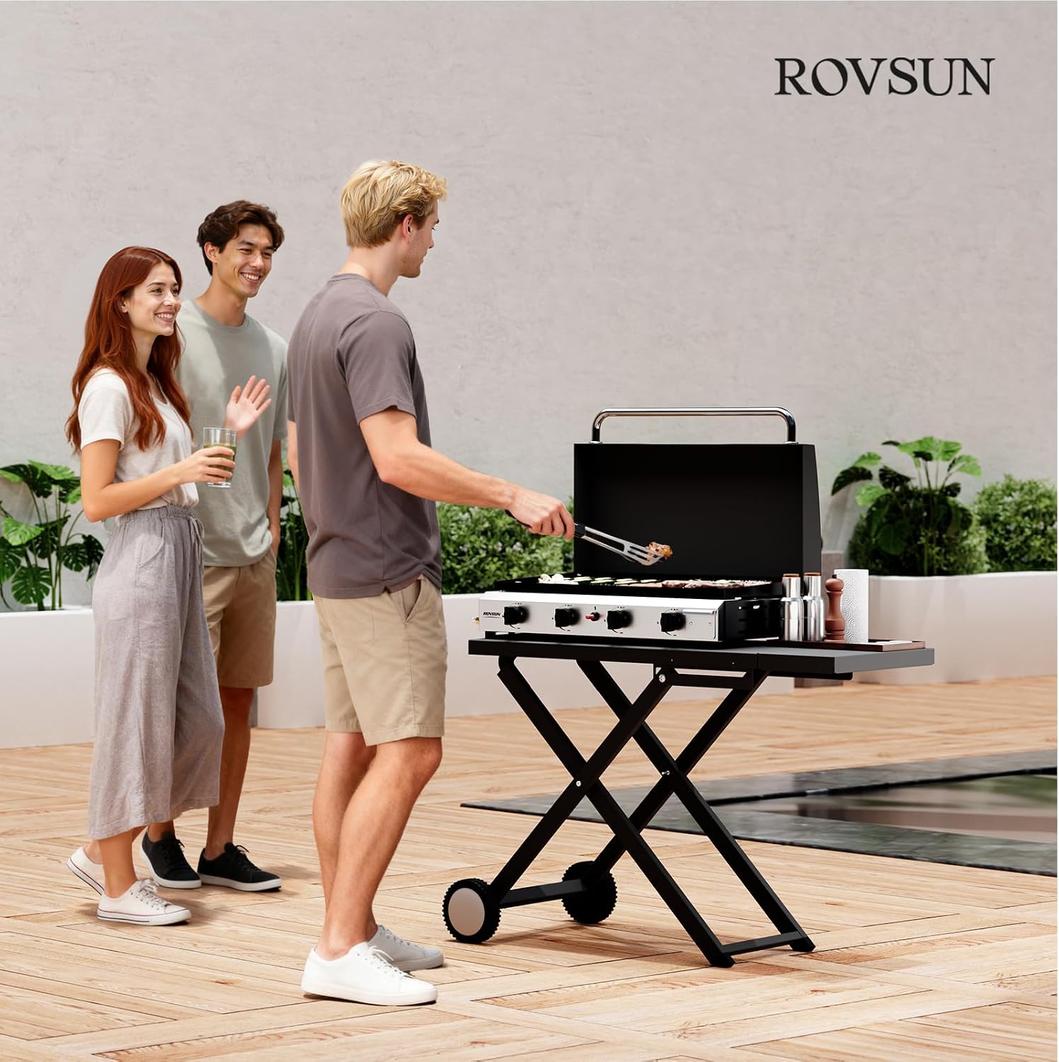 ROVSUN 40000 BTU Foldable Flat Top Gas Grill with Cart, Enameled Tray & Lid, 4 Burner Portable Rolling Propane Griddle with Electronic Ignition & Regulator for Outdoor Cooking Camping BBQ Tailgating