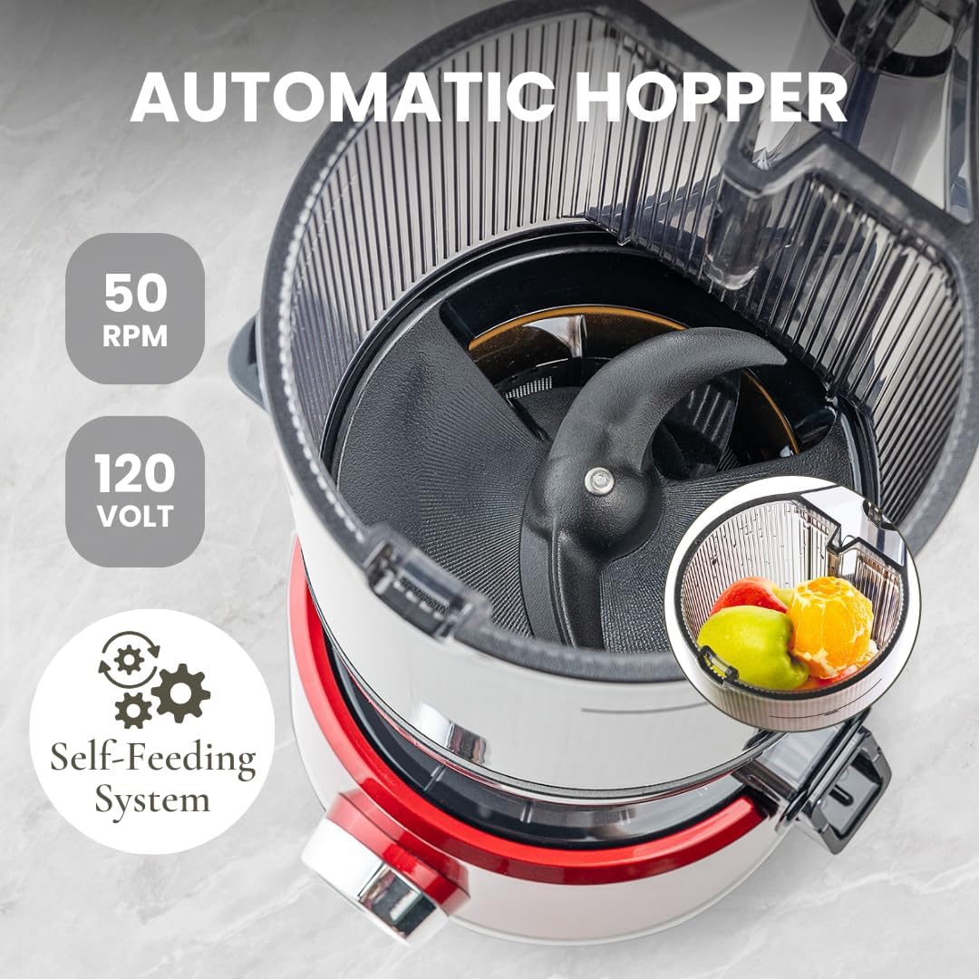 Sana 878 Self Feeding Batch Juicer | 3 Days of Cold Press Juicing Effortlessly | Most Convenient Juicer with Autopilot Configuration | Large Batch 2 Liter Capacity | Whole Fruits & Vegetables | Red