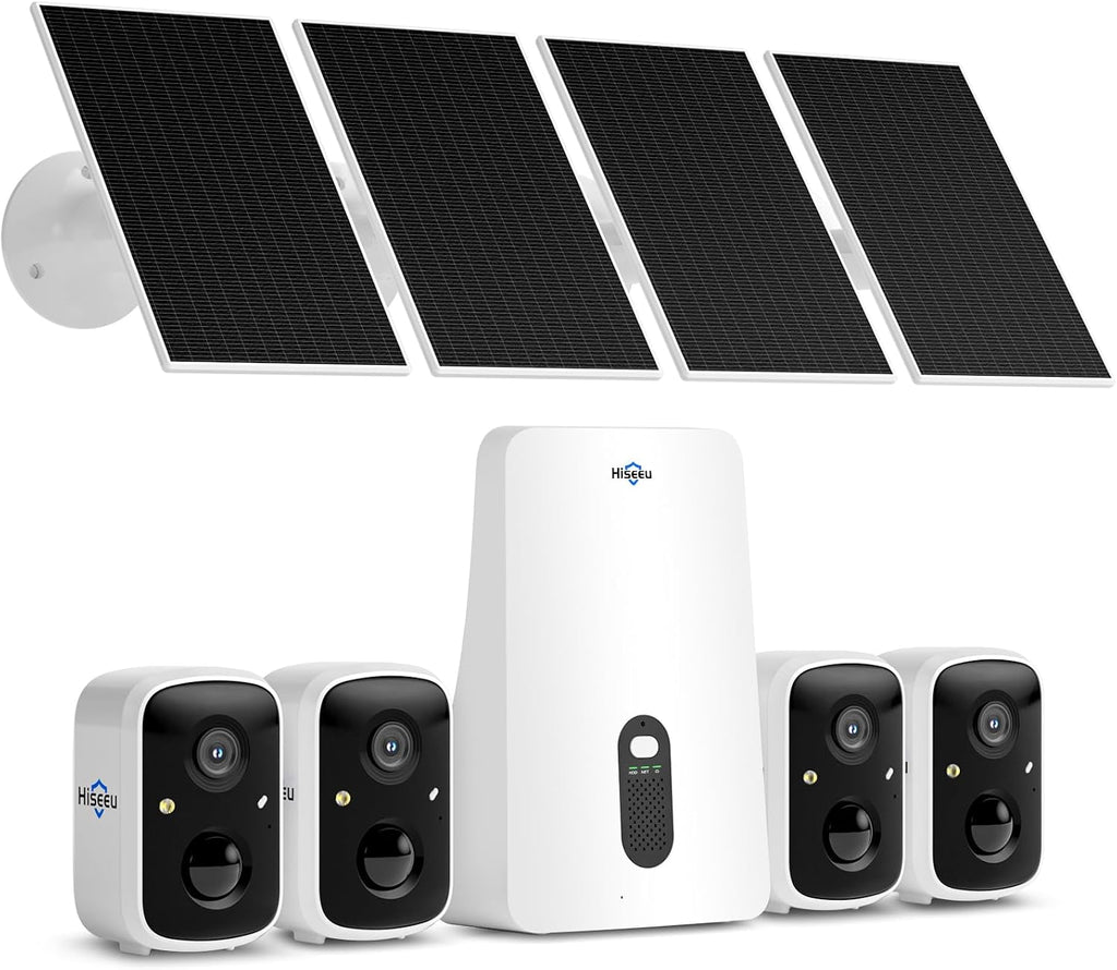 Hiseeu Solar Security Cameras Wireless Outdoor, 4 Cam-Kit, No Subscription, Expandable to 10CH, Wireless Home Security Camera System with 2K Color Night Vision, PIR/AI Detection, IP66, 2.4G & 5G WiFi