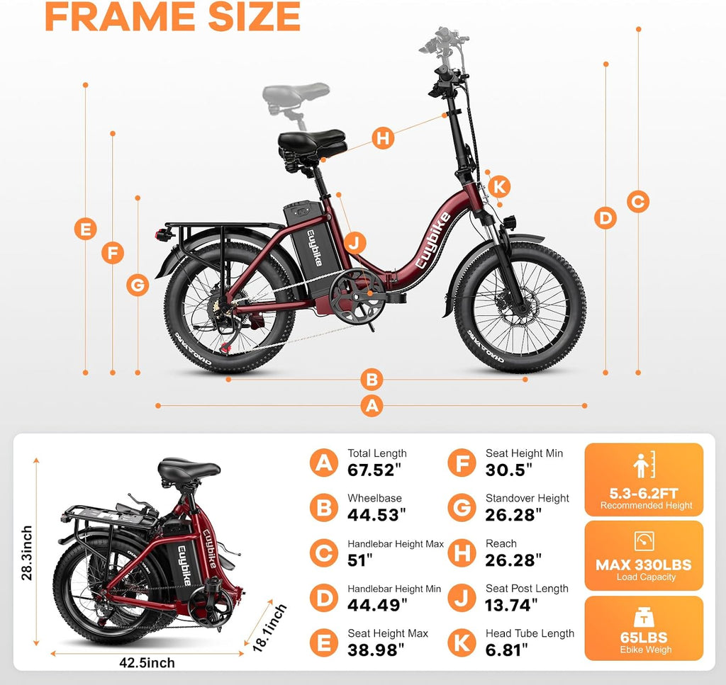 EUYBIKE Folding Electric Bike for Adults with Peak 1000W Motor, 48V 20AH Battery up to 80 Miles, 20' Fat Tire All Terrain Ebike, Front Suspension 7-Speed Commuter E Bike, Step-Thru, UL Certified