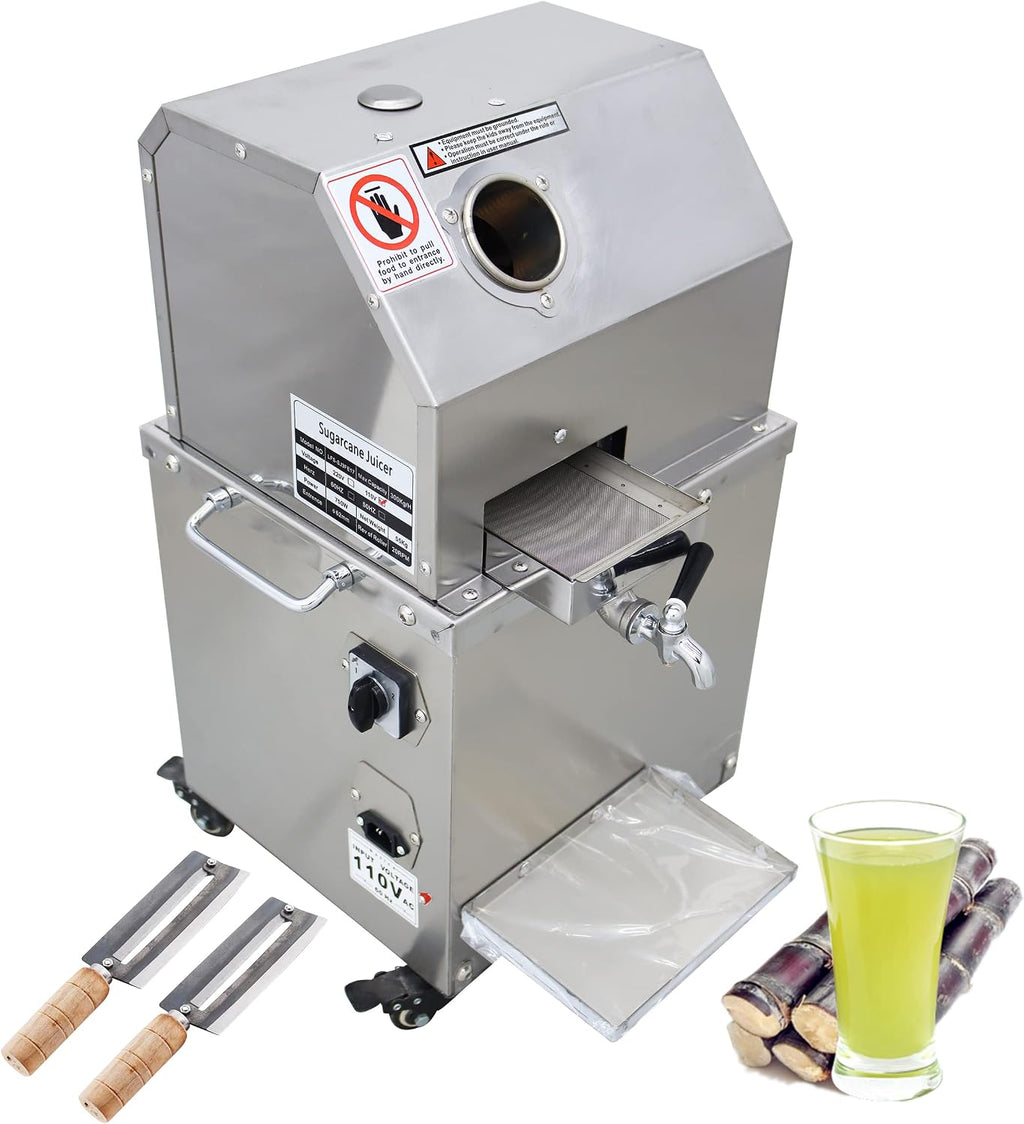 TECHTONGDA 110V Electric Sugar Cane Press Juicer Machine, 3 Rolls Stainless Steel Sugarcane Grinder Cold Press, with Cleaning Port and Casters, 660 lbs/h